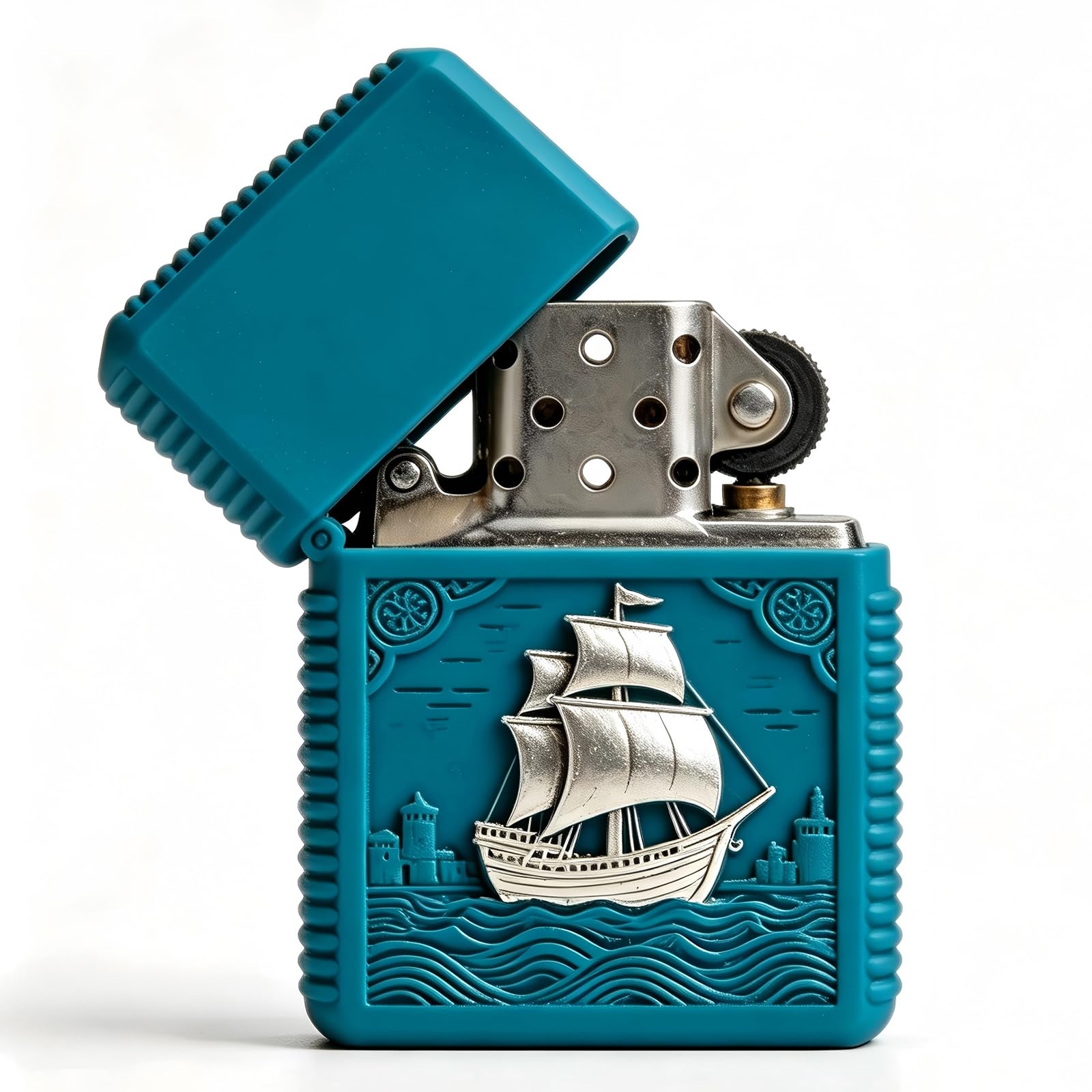 Vintage Horse Sailboat Carving Kerosene Lighter Windproof Open Flame Wheel Grinding Flint Fire Lighter for Outdoor Use (D)