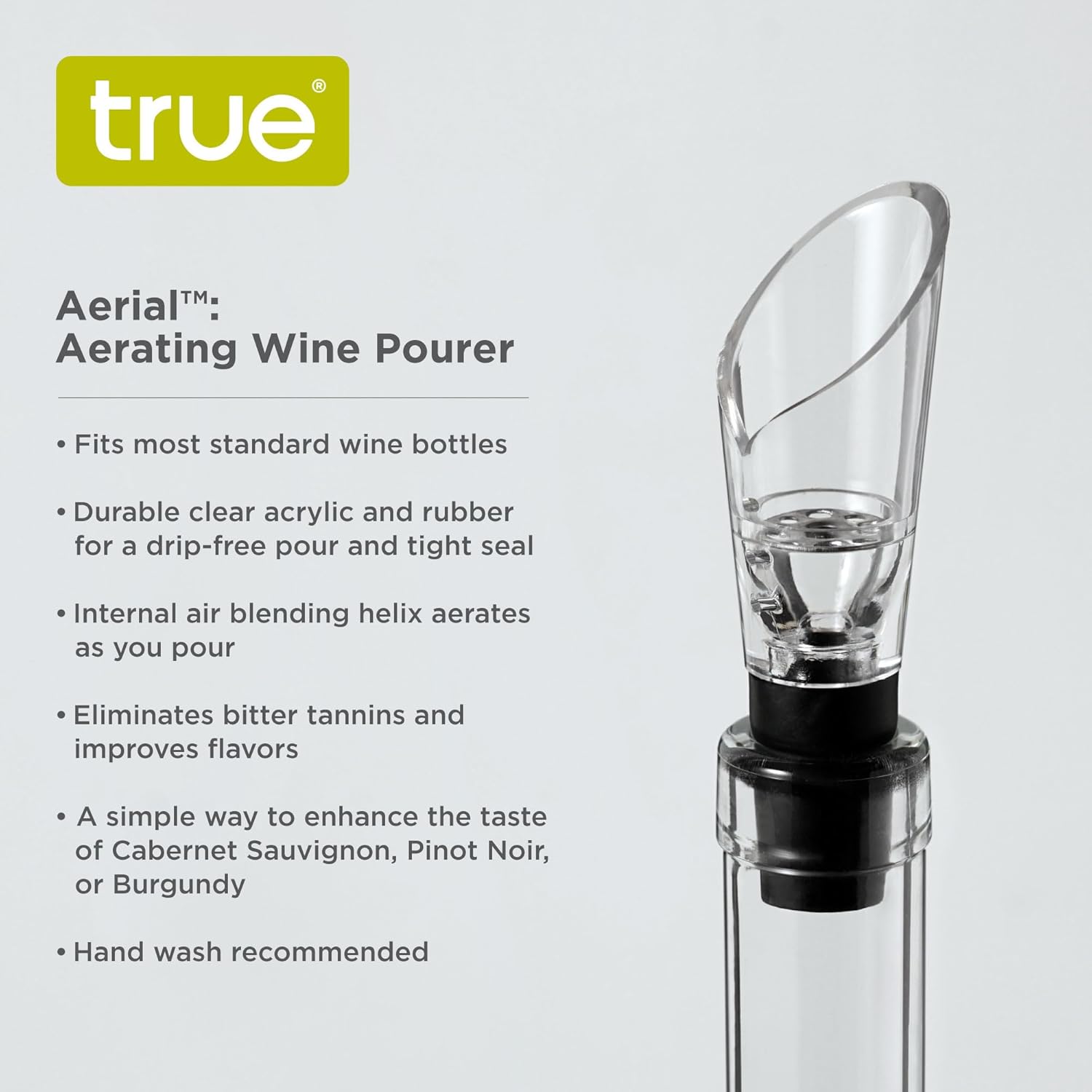 True Aerial Wine Aerator Pourer Spout for Standard Red Wine Bottles, Durable Clear Acrylic and Rubber, Drip Free Pour and Tight Seal, Gifts for Women, Kitchen & Home Bar Accessories, Set of 1 - Image 2