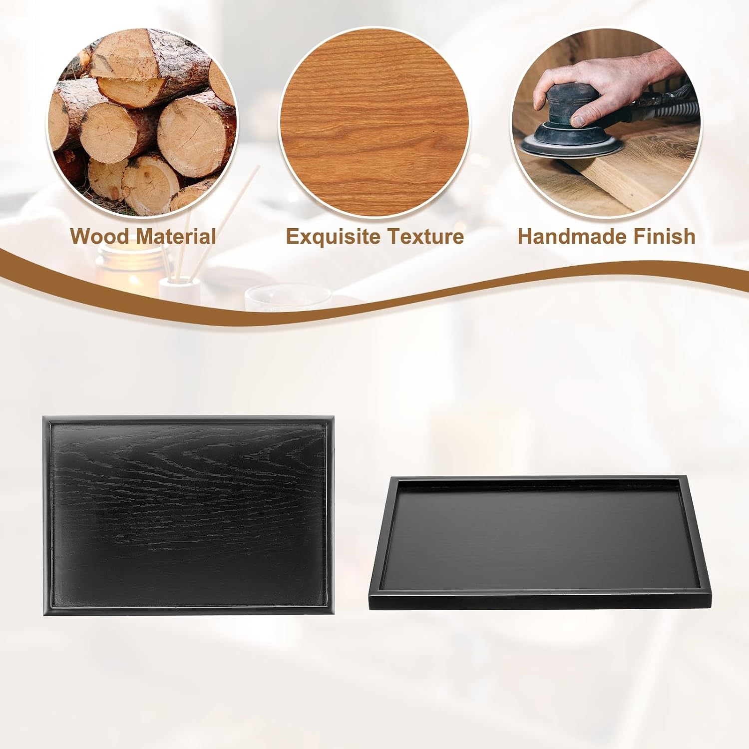 Wooden Serving Tray Rectangular Wood Serving Tray Decorative Platter, 13.8x9.5 Inch Fit for Home Decor Kitchen Coffee Table Candle Holder, (Black)