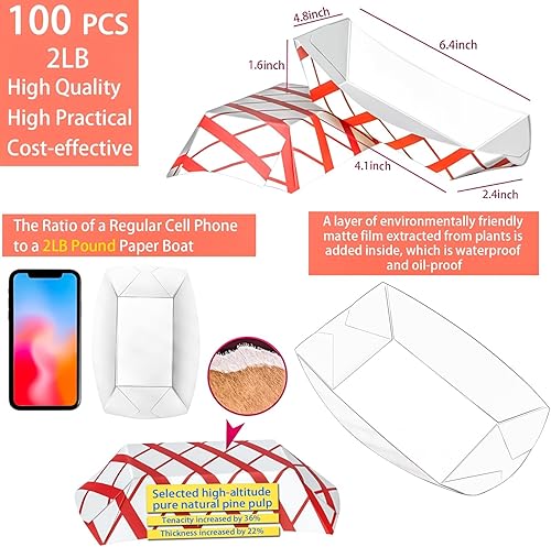 Miniatura 2 de MotBach Paquete de 100 botes de papel a cuadros de 2 libras, botes de papel de estraza desechables, bandejas de papel kraft para servir alimentos,