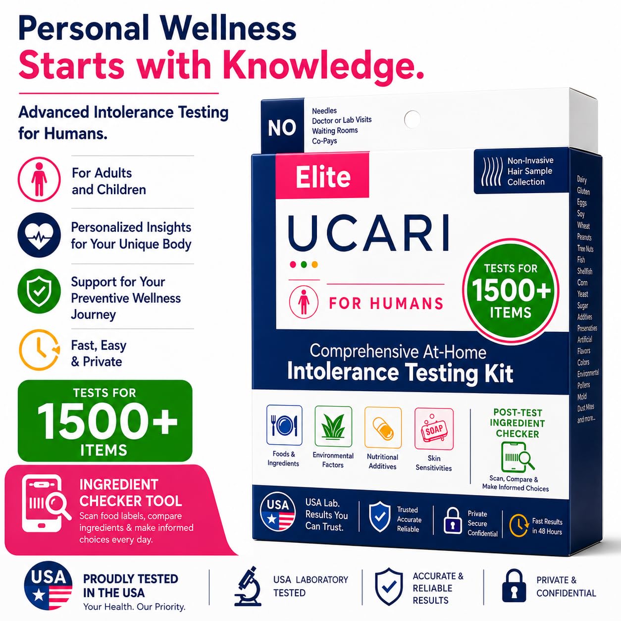 UCARI Test di sensibilità per gli esseri umani | Schermi per oltre 1500 intolleranze | Analisi alimentare e nutrizionale | Metodo di campionamento dei capelli non invasivo | Risultati in 48 ore |