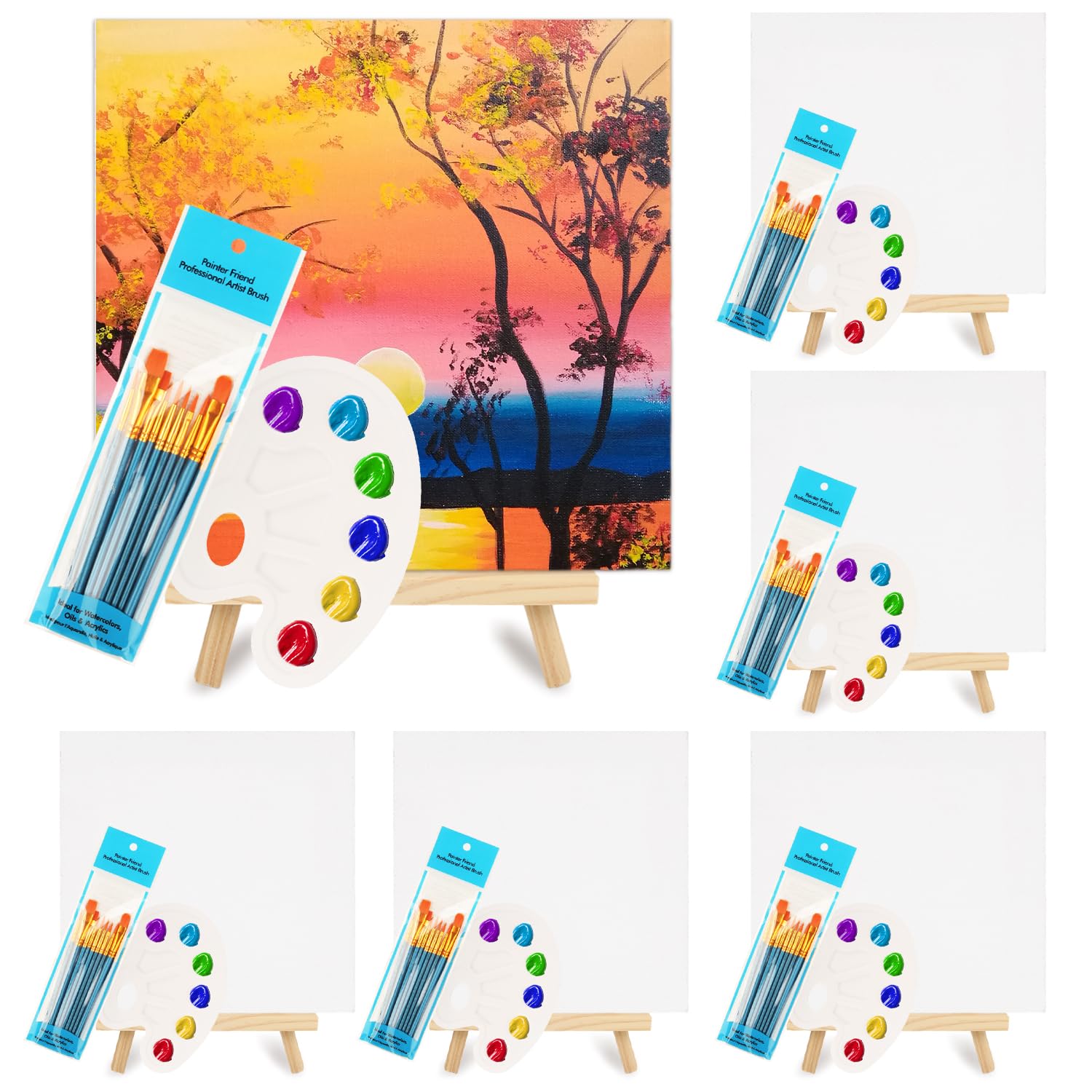 78-teiliges professionelles Malset mit 6 Holzstaffeleien, 6 hochwertigen Leinwänden, 60 Pinseln und 6 Paletten, komplettes Kunstzubehör-Set für Kinder und Erwachsene, ideal für Malpartys und Anfänger