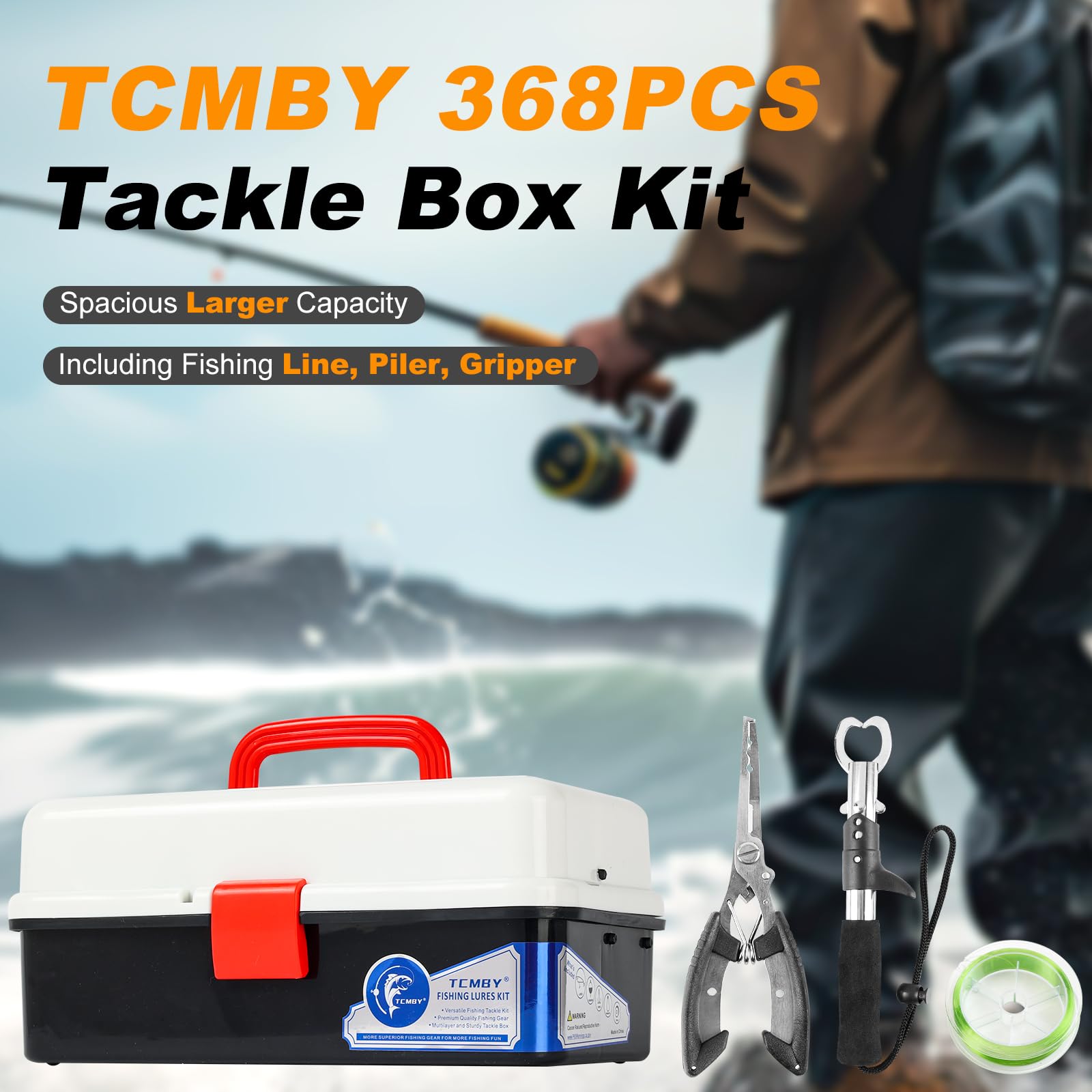 TCMBY Large 3 Layers Tackle Box with Tackle Included, 368Pcs Fishing Lures Kit Contains Pliers,Crankbait,Hooks,Weights & Accessories, Fishing Gear Bait Lure Gifts for Men Bass Freshwater (Black White)