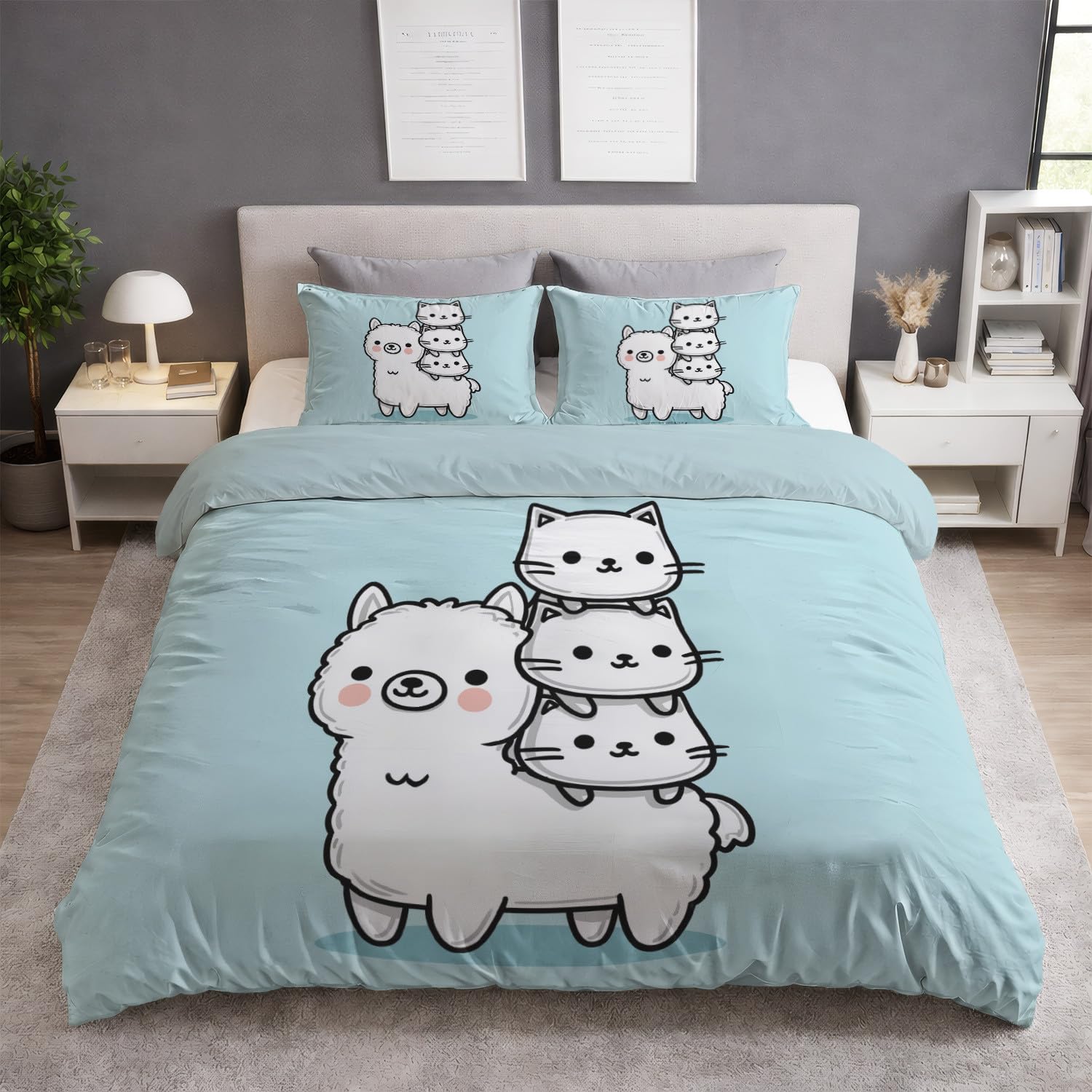 Generico Niebieskie niebo kreskówka zwierzęta alpaka koty urocze 3-częściowy zestaw pościeli 240 x 220 cm - zestaw pościeli z miękkiej mikrofibry, z zamkiem błyskawicznym i poszewkami na poduszki