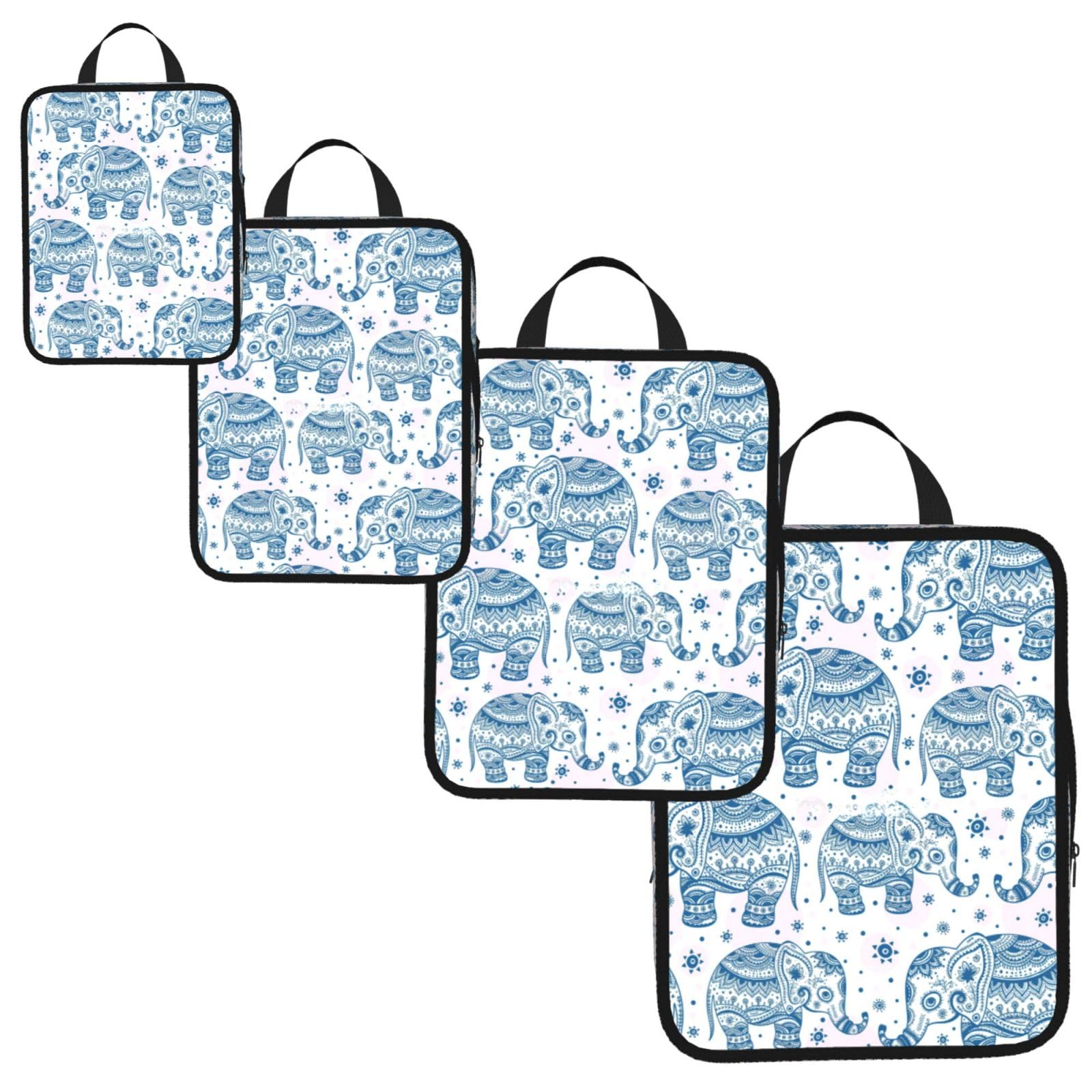 Boho Elephant Print 4 Set Compression Packing Cubes for Suitcases,Expandable Storage Bag Organizers