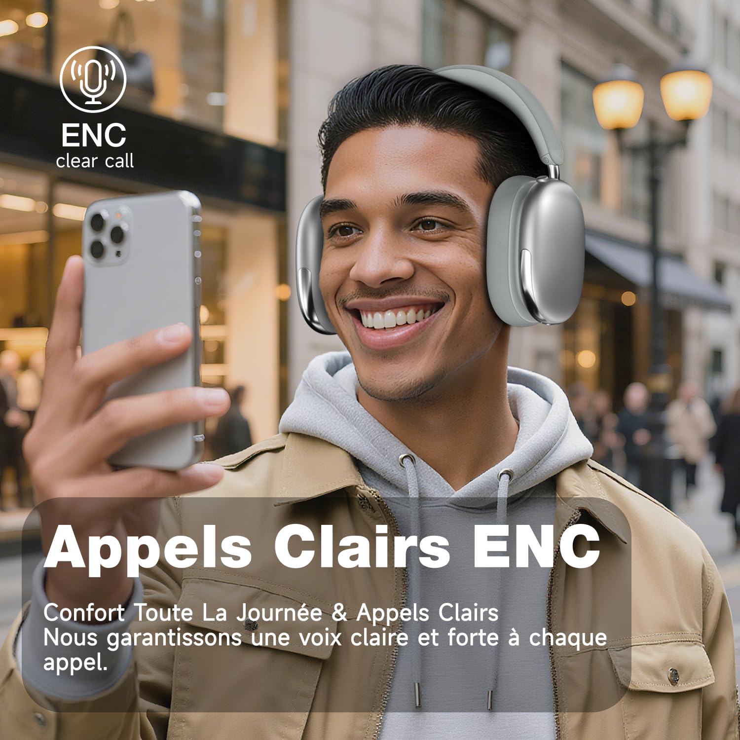 Casque Bluetooth avec Réduction De Bruit Active, 120 h d'autonomie, Casque sans Fil Circum-aural, Léger avec Microphone pour Les Voyages/Travail, Compatible iPhone/Android/PC (Argenté)