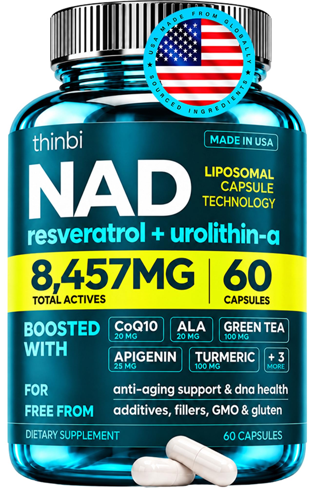 Thinbi Liposomal NAD+ Supplement with Resveratrol & CoQ10, 60 Count