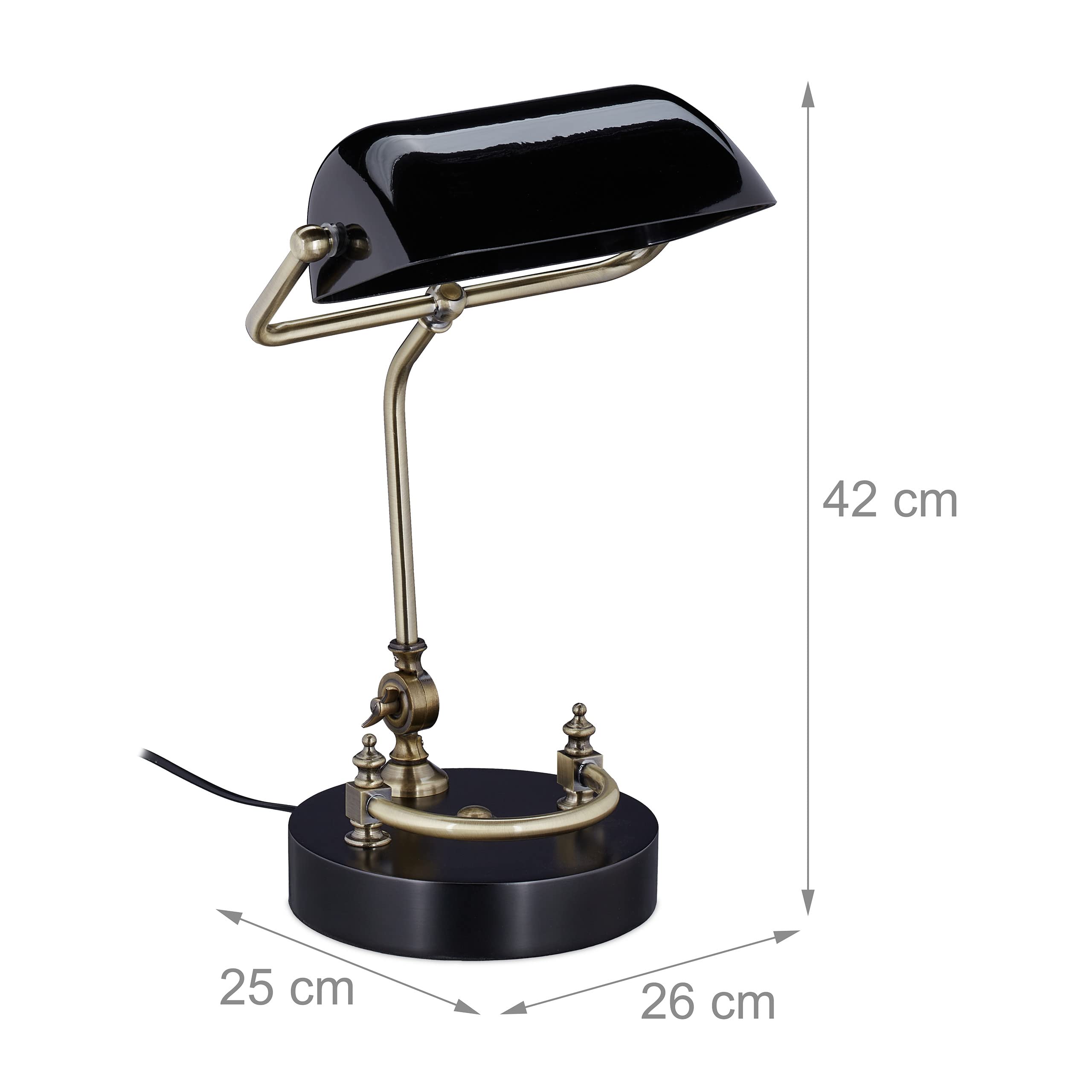 Relaxdays Bankerlampe, Glasschirm, Holzfuß, neigbare Bibliothekslampe, E27-Fassung, Schreibtischlampe Retro, schwarz