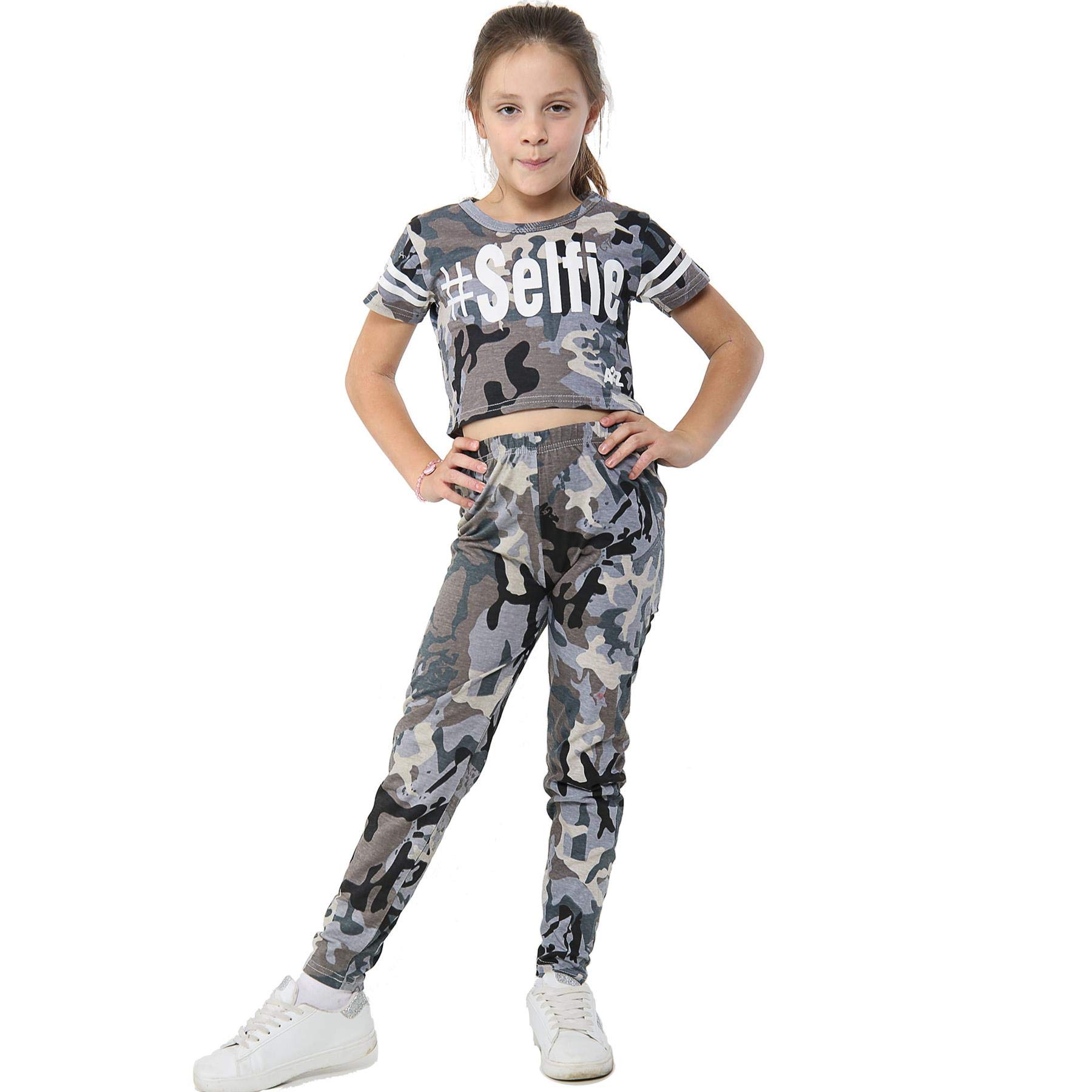 A2z 4 Kids Girls #Selfie Charcoal Camouflage Crop Top Legging Set Trendy Lightweight - Camo Selfie Crop & Legg Charcoal 9-10