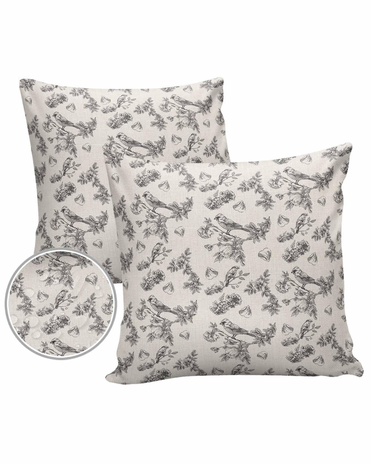 Boanket Outdoor Pillow Covers 16 x 16 in, Black Botanical Waterproof Throw Pillow Cover Set of 2, Farmhouse Birds Summer Botanical Rustic Home Decorative Square Cushion Covers for Patio/Couch/Garden