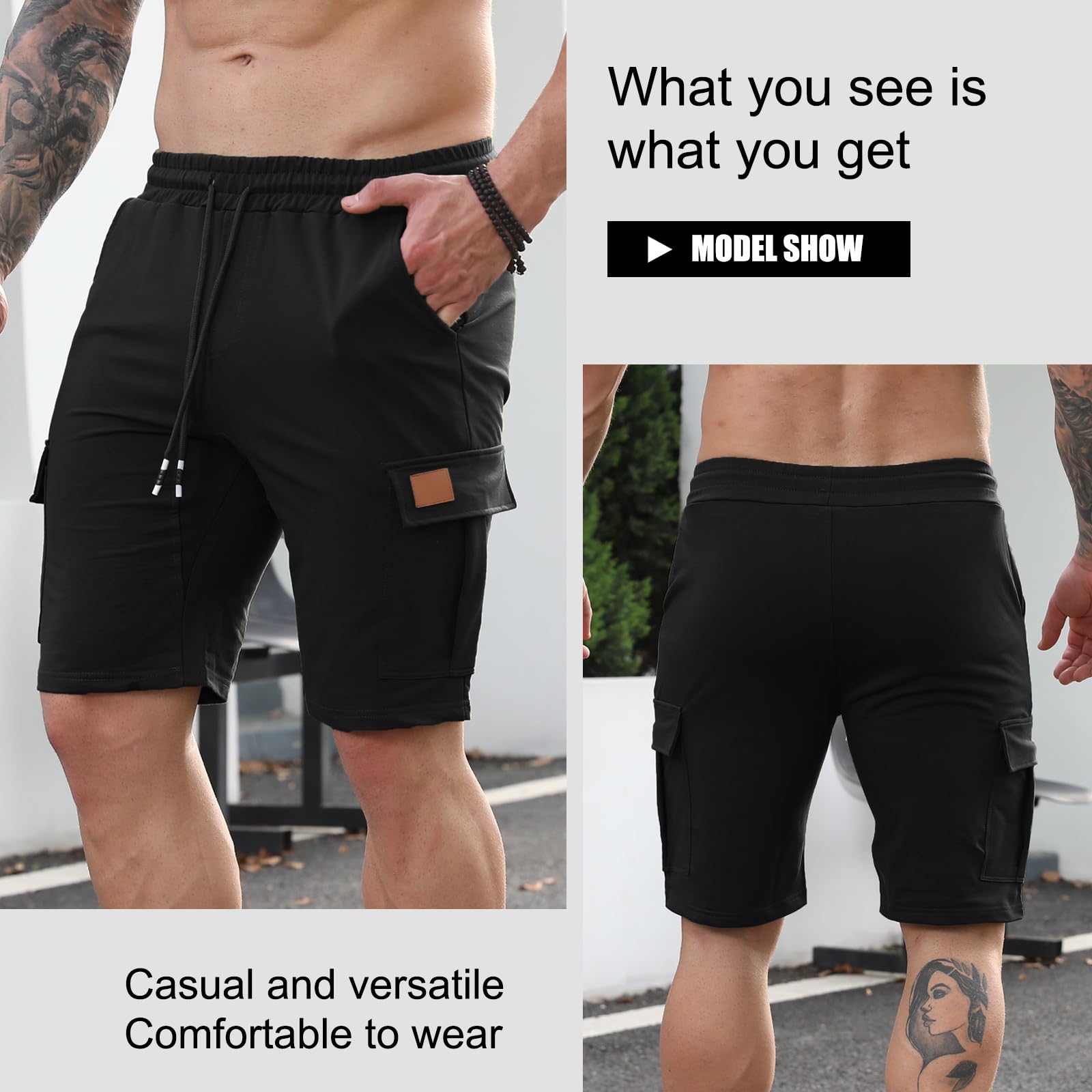 Pantalones Cortos Deportivos Hombre Cargo Algodón Bermudas Shorts Running con Bolsillos