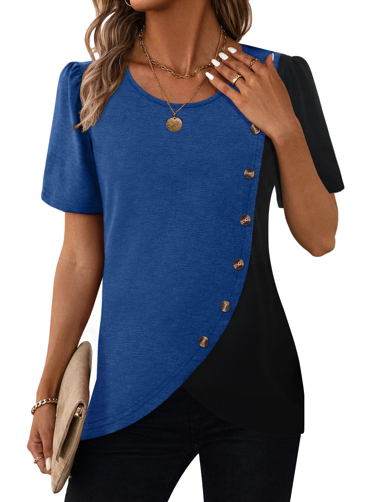 MixShe Womens Color Block Tops Short Sleeve Button Asymmetrical Casual Crewneck Pullover Shirts
