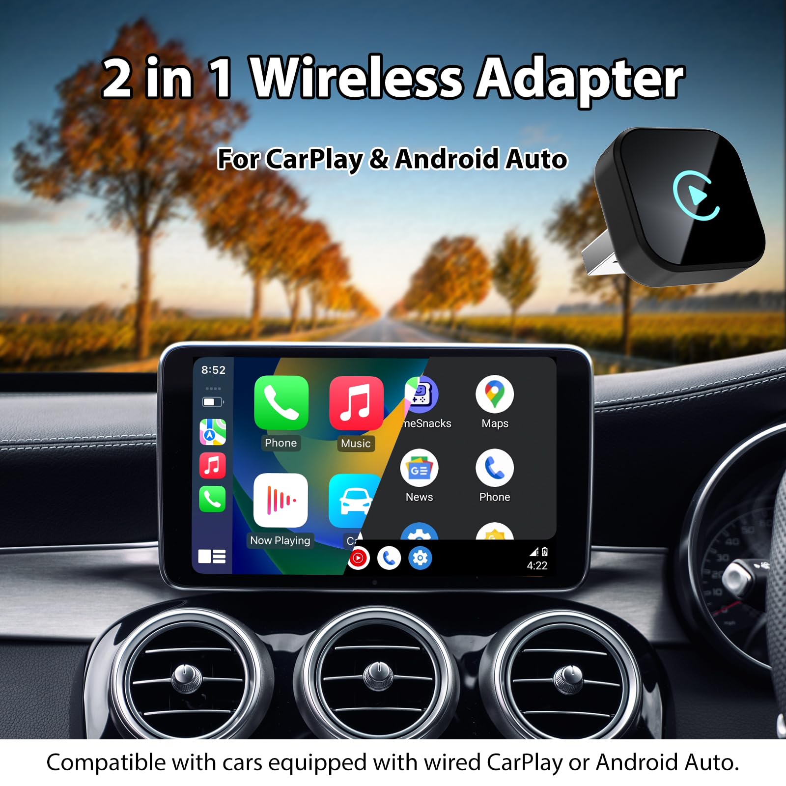 Sunweyer CarPlay wireless a forma di T e adattatore automatico Android: aggiornamento cablato a wireless, design compatto inferiore a 1 pollice per auto cablate di fabbrica, plug & play (T nero)