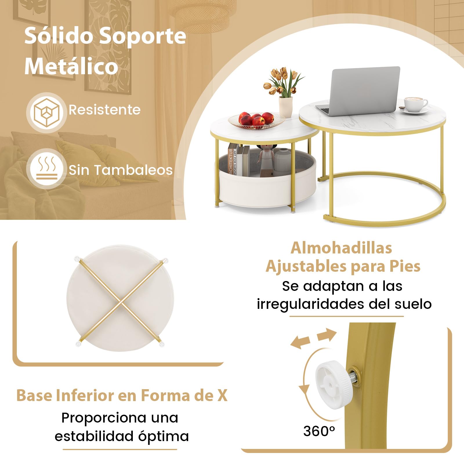 COSTWAY Juego de 2 Mesas de Centro Redondas, Mesitas Auxiliares con Cesta de Tela y Marco de Metal, Mesas Nido Apilables para Apartamento, Salon y Dormitorio, Mesillas de Noche