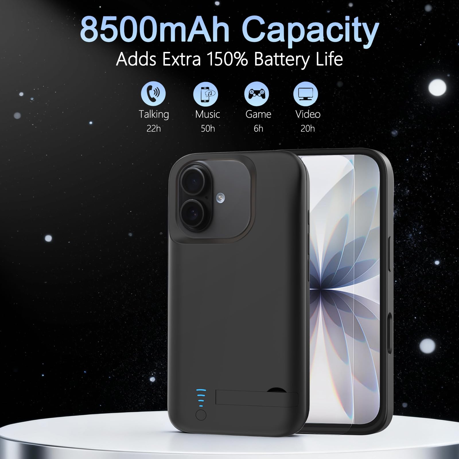 Coque Batterie pour iPhone 17(6.3"), Véritable 8500 mAh Coque de Chargeur étendue Fine Rechargeable avec Support, Protection Portable avec Batterie de Secours pour iPhone 17, Noir