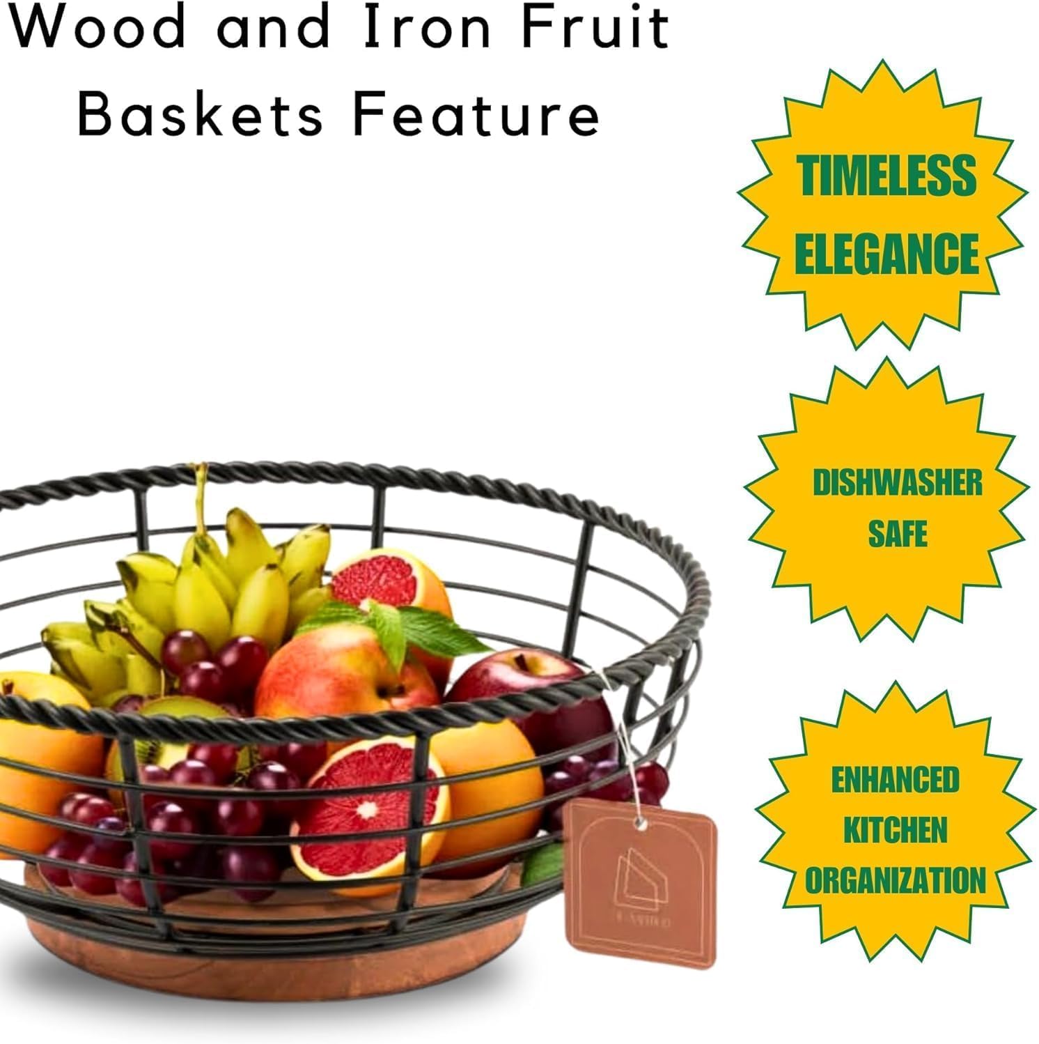 Wood and Iron Fruit Bowls Dishwasher Safe Basket Gift for Home Kitchen, Medium, Natural - 12"x12"x 5" INCHES