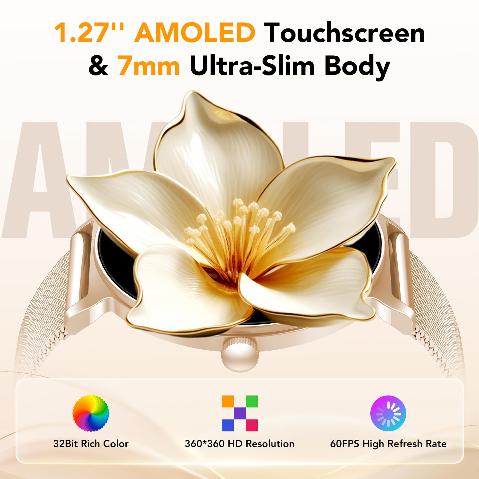 Montre Connectée Femme AMOLED 1,27 pouces HD, Smartwatch Bluetooth 5.4, Montre Intelligente Femme, 120+ Modes Sport, 200+ Cadrans, Suivi Santé 24 h (Sommeil, FC, SpO2), Compatible Android iOS, Or Rose