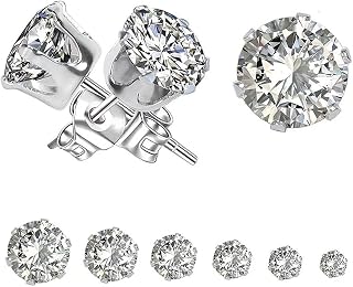 6 Pairs 3-8mm Women Stud Earrings Set, Hypoallergenic Stainless Steel Cubic Zirconia Earrings for Women Men