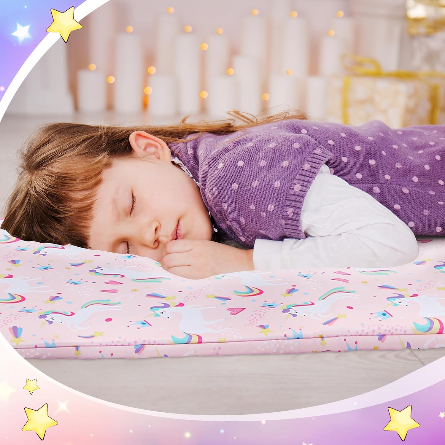 CroBlissful 2 Pcs Unicorn Nap Mat Cover for Girls Boys Sewn in Flap Design Pink Purple Pastel Sleeping Kids Nap Mat Covers Soft Microfiber Cot Sheet for Toddler Daycare Preschool Kindergarten