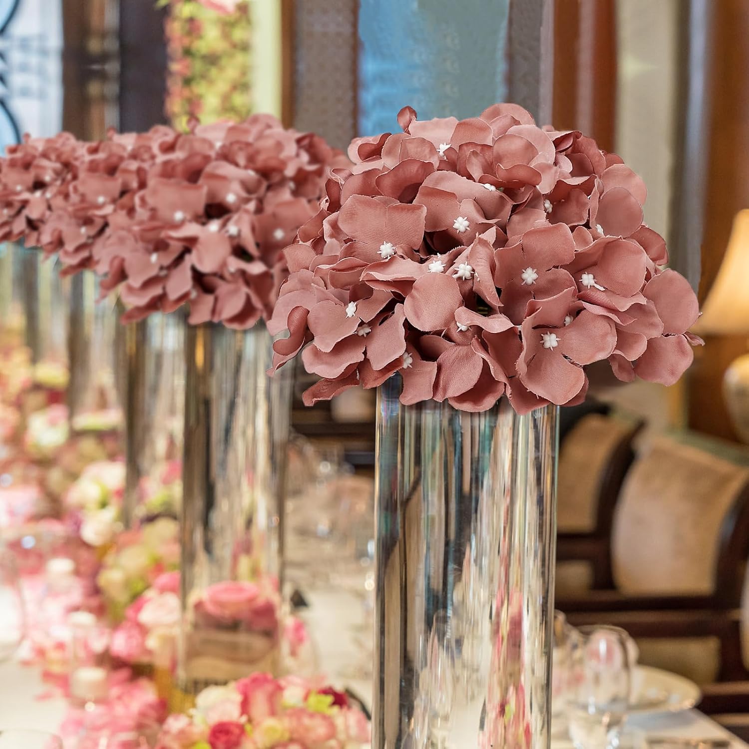 Hydrangea Flower Balls for Centerpieces - 12 PCS Artificial Floral Arrangement with Base, 8 Inch Diameter Fake Silk Kissing Ball for Wedding Table Home Party Decor - Dusty Pink