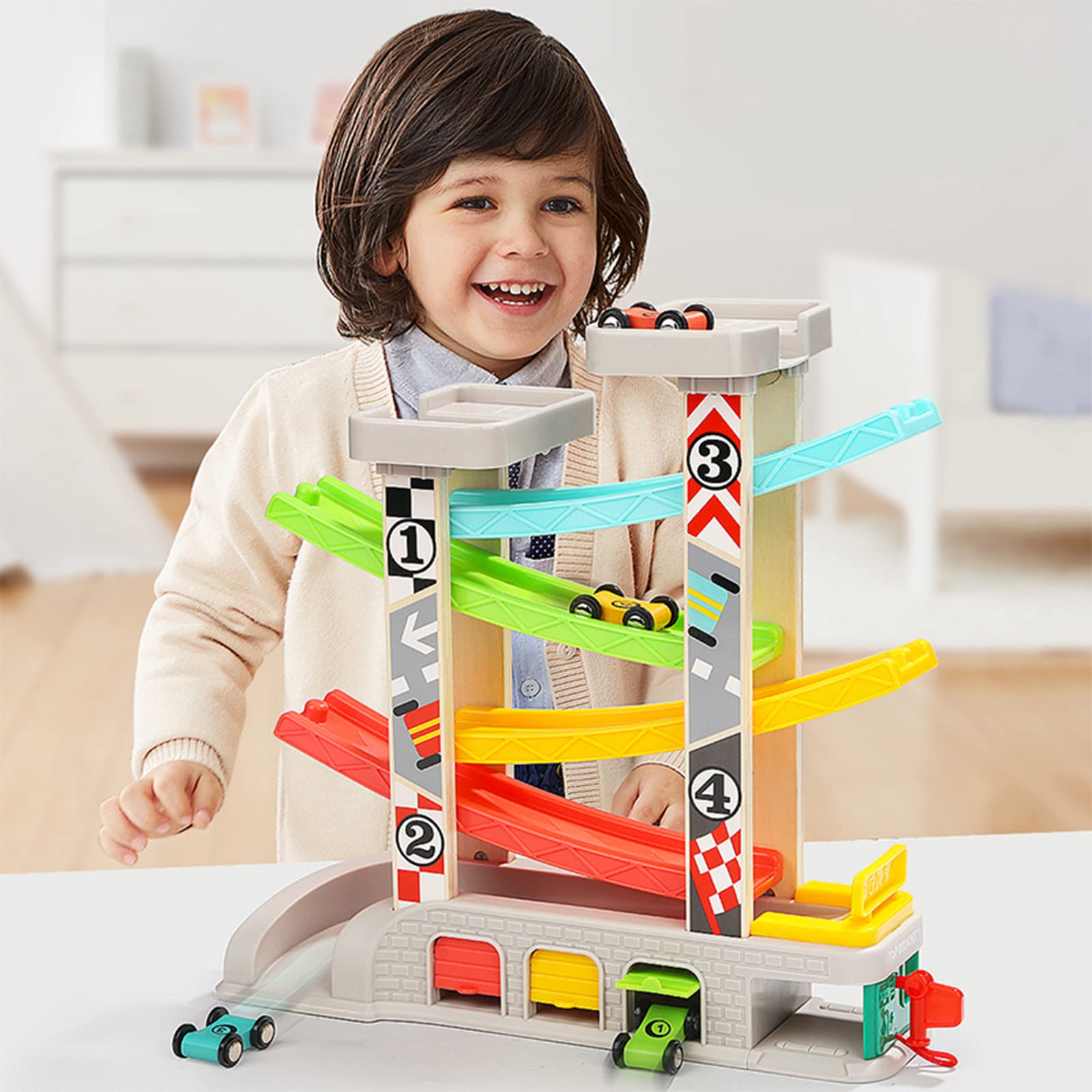 TOP BRIGHT Pista a sfera auto legno da 1 2 anni, auto pista da corsa giocattolo in legno con garage, giocattoli per bambini in legno 12 mesi ragazzi