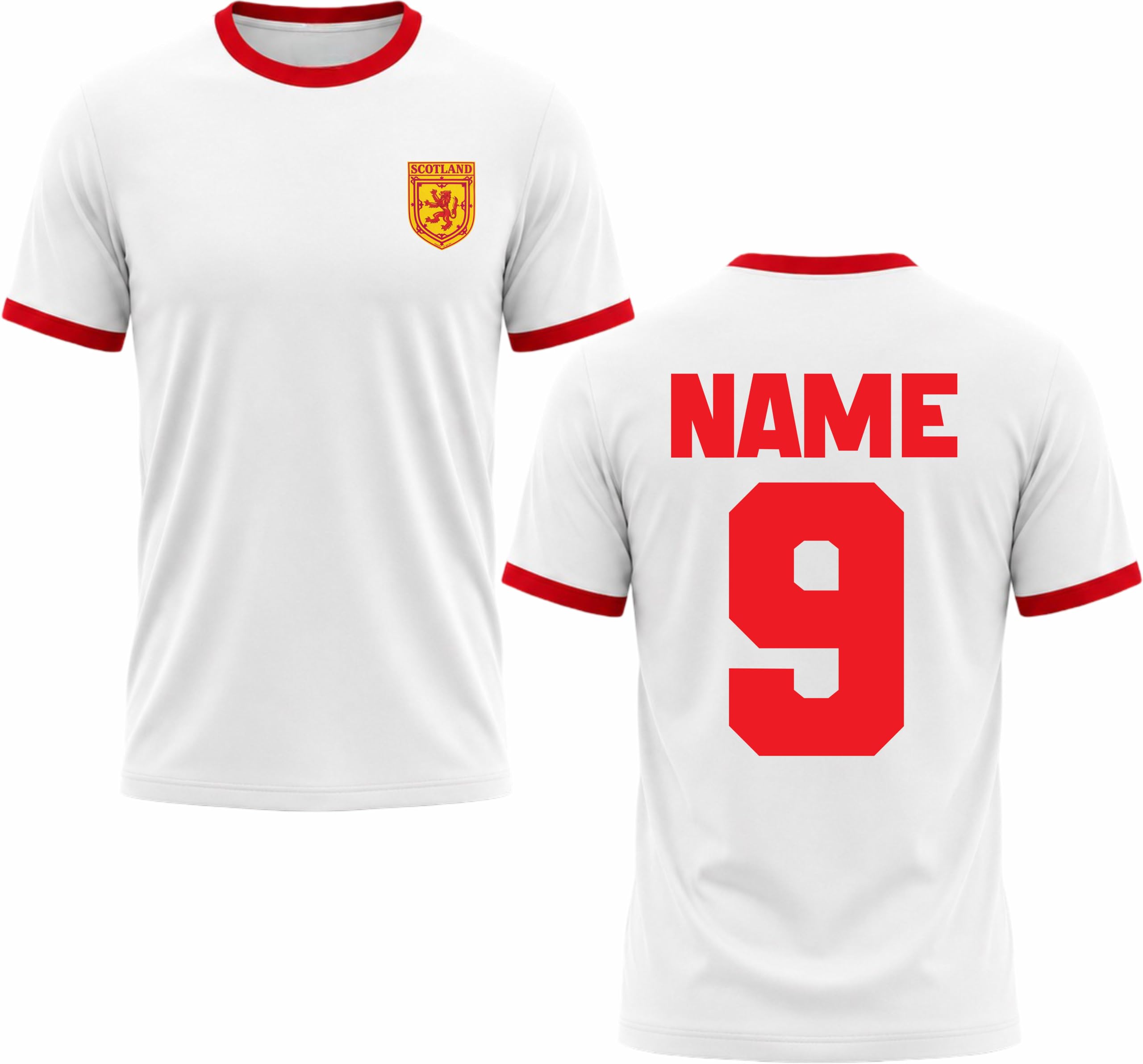 Customised Scotland Football Ringer T-Shirt Personalised Scottish Football Jersey Soccer Supporter Gift Tee White/Red