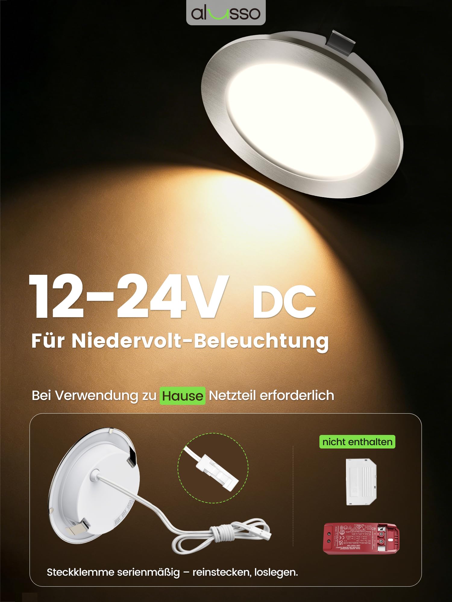 ALUSSO 6er Set 12V LED Einbaustrahler Decke 4W Möbel Einbaustrahler 3000K Warmweiß 4000K Neutralweiß 6000K Kaltweiß, Einbaustrahler LED Flach Bohrloch 55-58mm und 14.5mm Flache, IP44 Wasserdicht