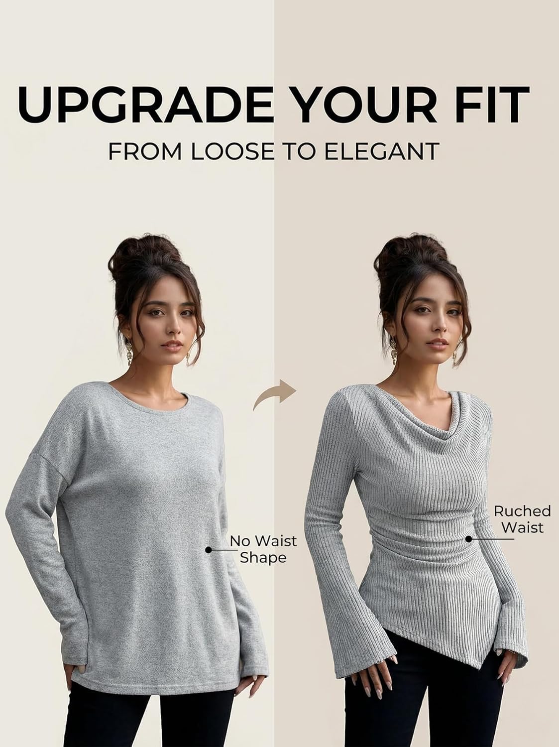 Bell Long Sleeve Cowl Neck Tops for Women, Y2K Ruched Asymmetrical Ribbed Fitted Shirts Going Out Fall Clothes - Image 2