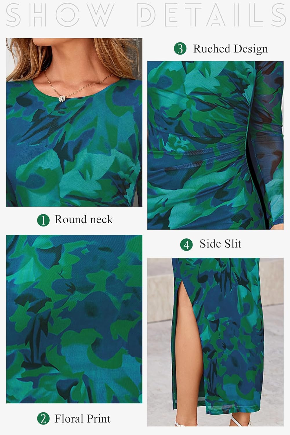 CFLONGE Long Sleeve Dress for Women Floral Print Ruched Wedding Guest Maxi Dresses Tight Fitted Cocktail Party Bodycon Dress - Image 4