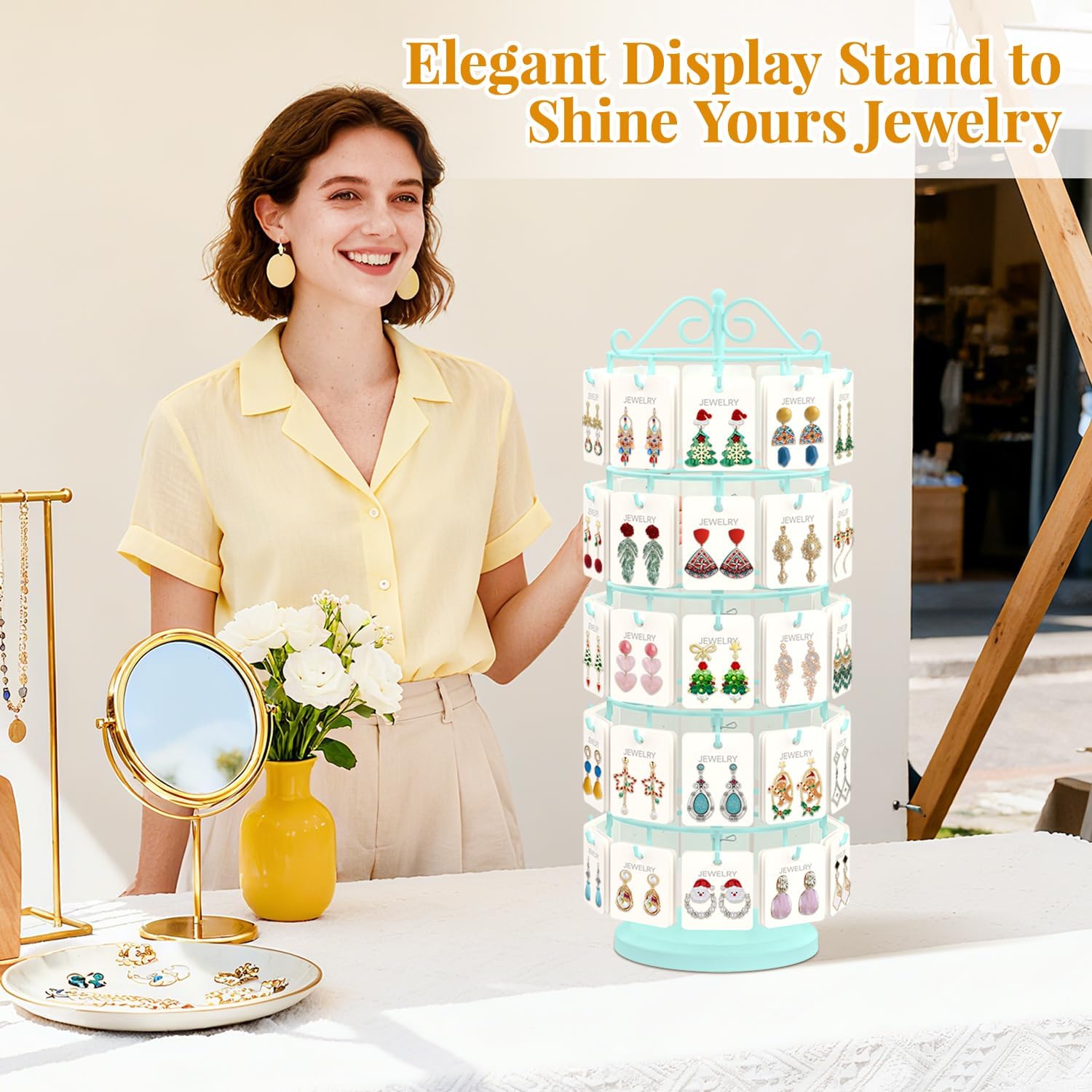 EsLuker.ly Earring Holder Organizer Rotating Display Tree Stand, Adjustable Height Earring Card Hanger Rack with 50 Hooks for Vendors Market Selling, 5 Tier Metal Jewelry Storage Tower,Blue