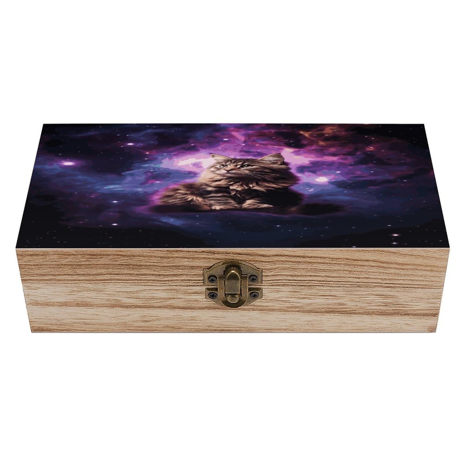 FekiLoot Cat Sitting Inside Nebula Wooden Storage Box Rustic Jewelry Box with Hinged Lid Large Jewelry Storage Case Beautifully Keepsake Boxes Unique Gift Ideas for Men & Women