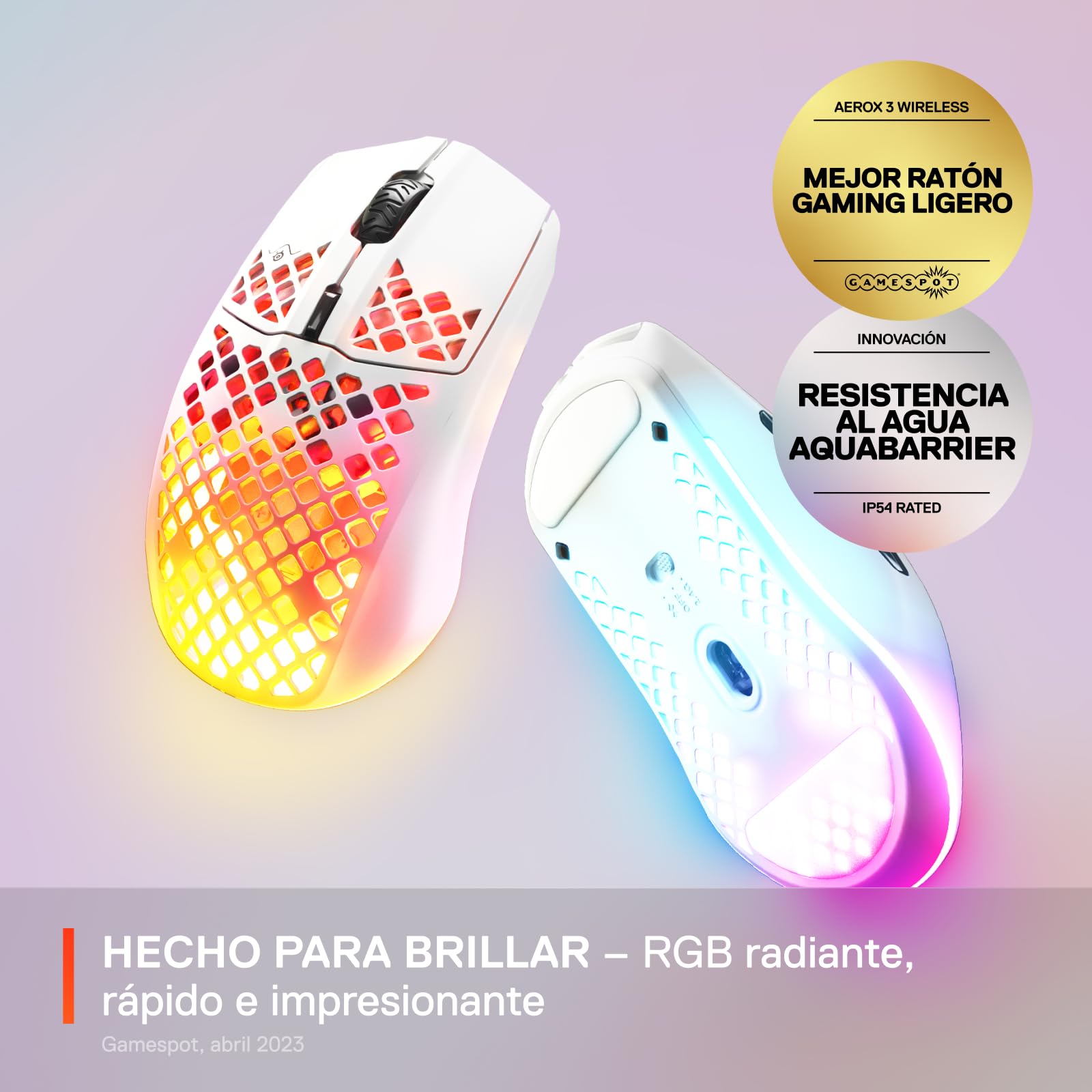 SteelSeries Aerox 3 Wireless Snow - Raton Inalambrico Gaming - Diseño ultraligero resistente al agua - RGB - Sensor óptico TrueMove Air 18K DPI