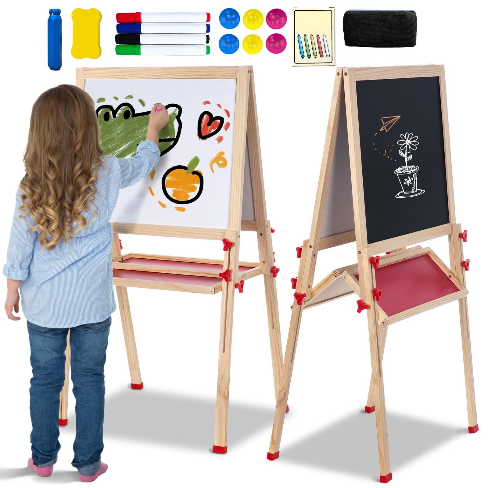 Easel for Kids, Foldable Wooden Art Easel Adjustable Height Chalkboard & Magnetic Whiteboard with Accessories for Boys & Girls Toddlers Ages 3-8 Ideal Birthday Present