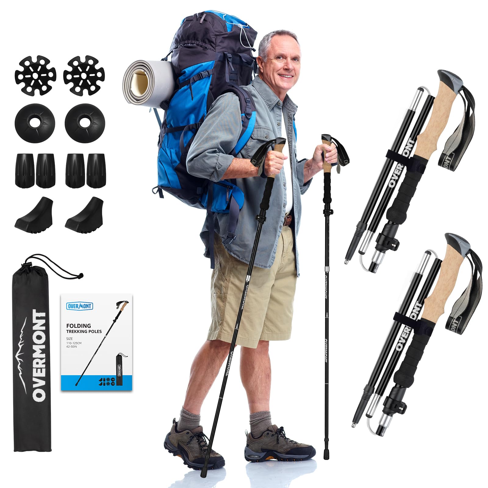 Overmont 7075 Aluminum Trekking Poles - Lightweight Collapsible Hiking Poles Adjustable Walking Sticks with EVA Handle All Terrain Accessories Carry Bag - Set of 2