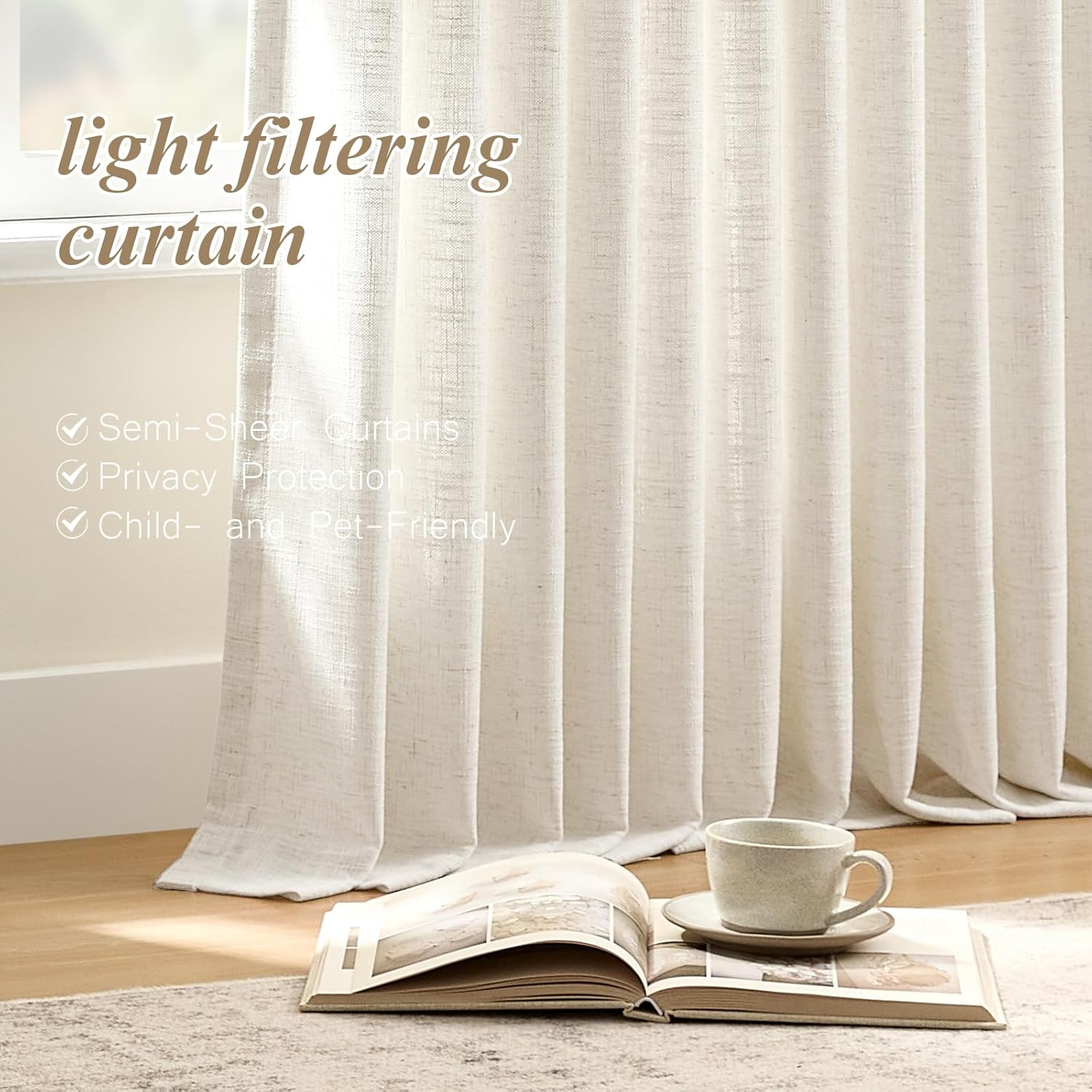 Pinch Pleated Linen Curtains 96 Inch Length for Living Room & Bedroom, Natural Light Filtering Pleat Drapes, Memory Trained Semi-Sheer Window Curtain with Hooks for Farmhouse, 2 Panels 40"Wx96"L