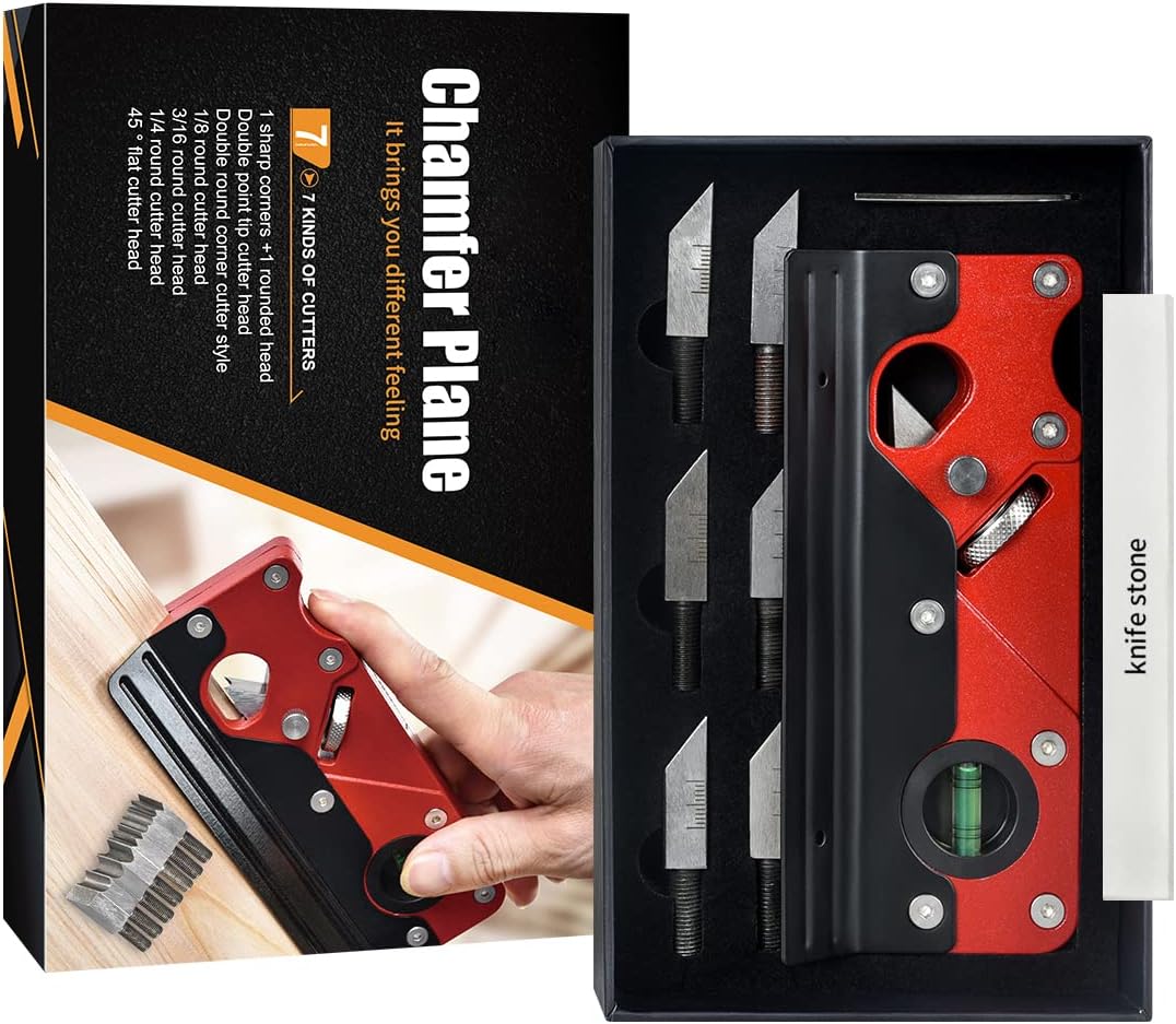 Chamfer Plane with Backer Woodworking Hand Planer for Quick Edge Planing and radian Corner Plane Trimming,7 Types of Cutter Heads,Woodworking Tools for Professional Woodworkers and Beginners (Red)
