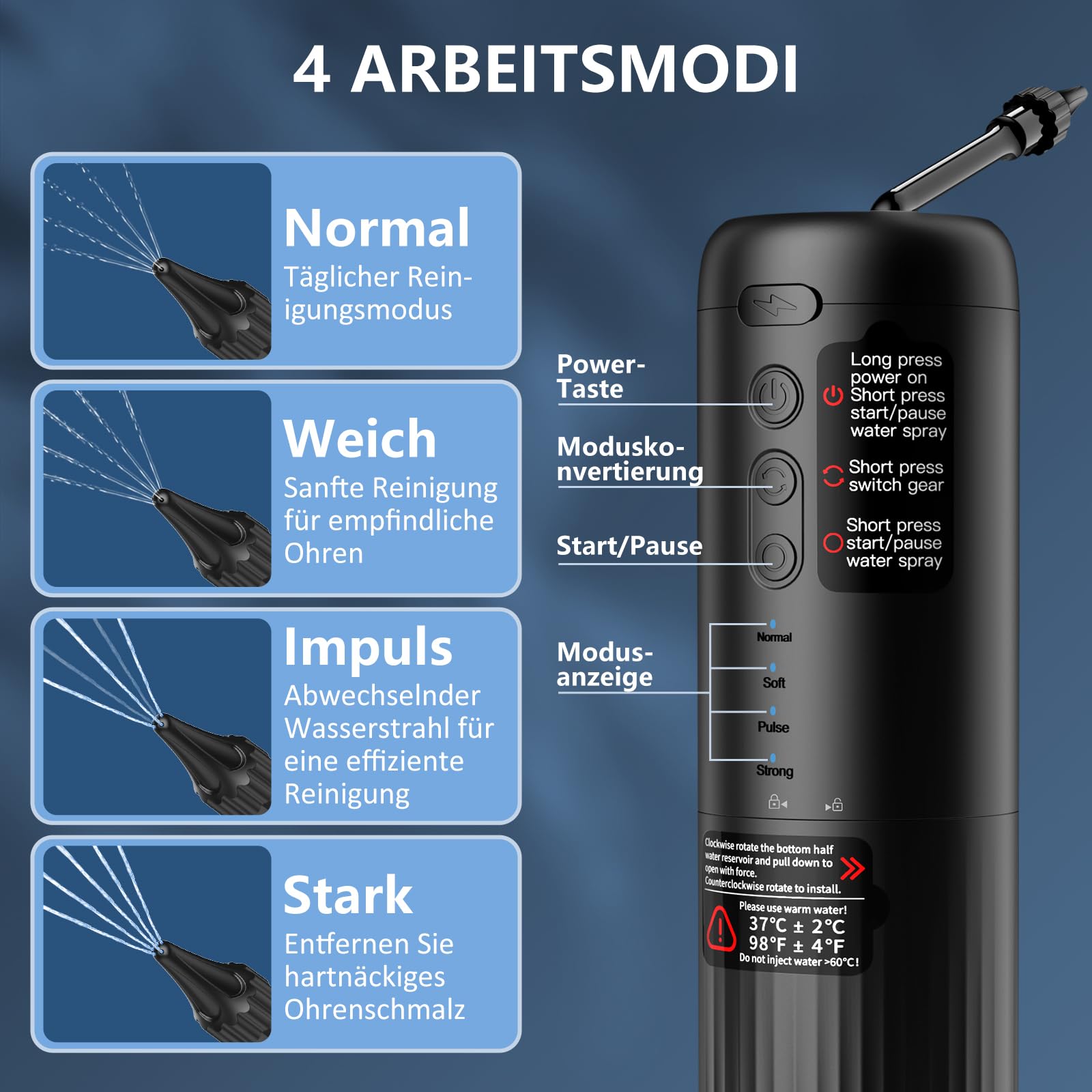 Ohrenschmalz Entferner, Ohrreiniger Mit 4 Druckmodi, 2000 mAh Elektrischer Ohrenreiniger inkl. 10 Düsen, IPX7 Wasserdicht Ohrenspülung, Ohrendusche für Erwachsene Kinde, Schwarz
