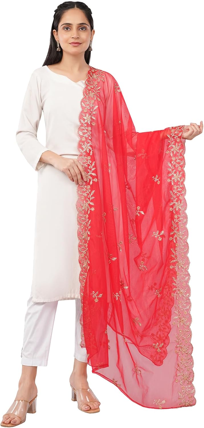 Gold Cutwork Embroidered Shimmer Net Dupatta, Lightweight and Sheer Shawl, Scarf, Wrap