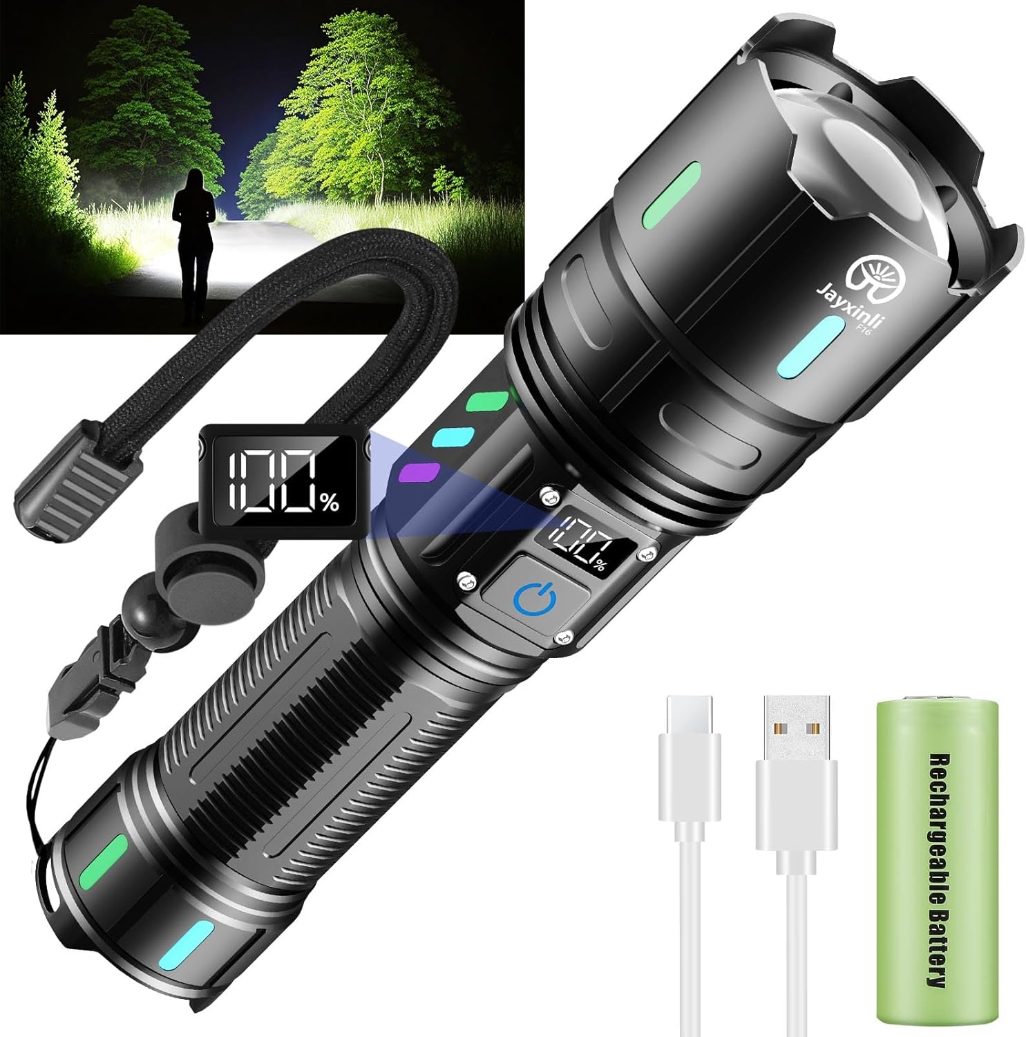 Rechargeable Flashlights Excessive Lumens, 20000 Lumen Flashlight Excessive Powered 5000 mAh Battery with LCD Show, 5 Gentle Modes, Zoomable, IP67 Waterproof, for Tenting and Canine Strolling
