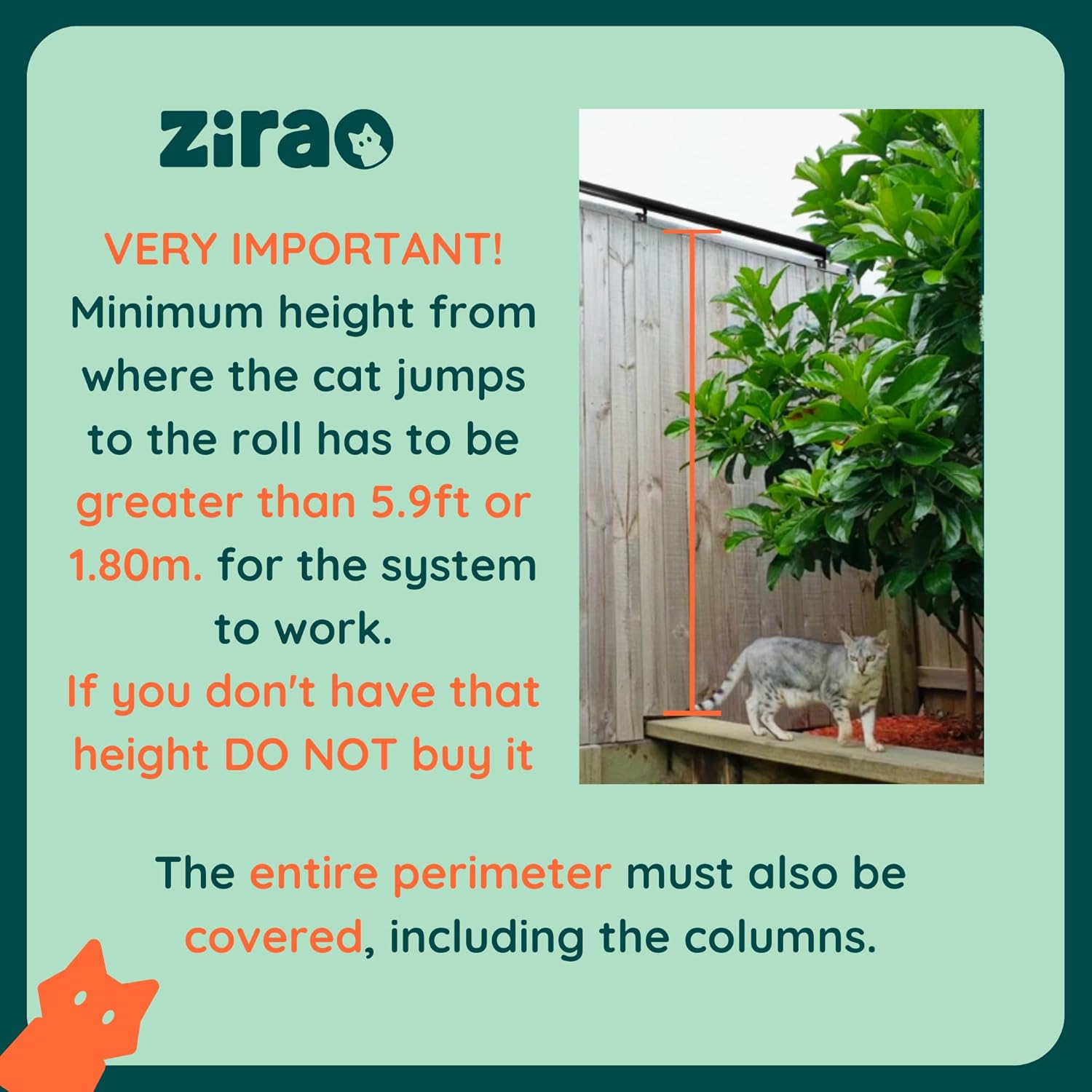 ZIRAO ROLL - Outdoor Cat Anti-Escape Barrier, Quality Cat Protection for Patios and Gardens, Cat Fence, Cat Barrier, 7.8 Ft