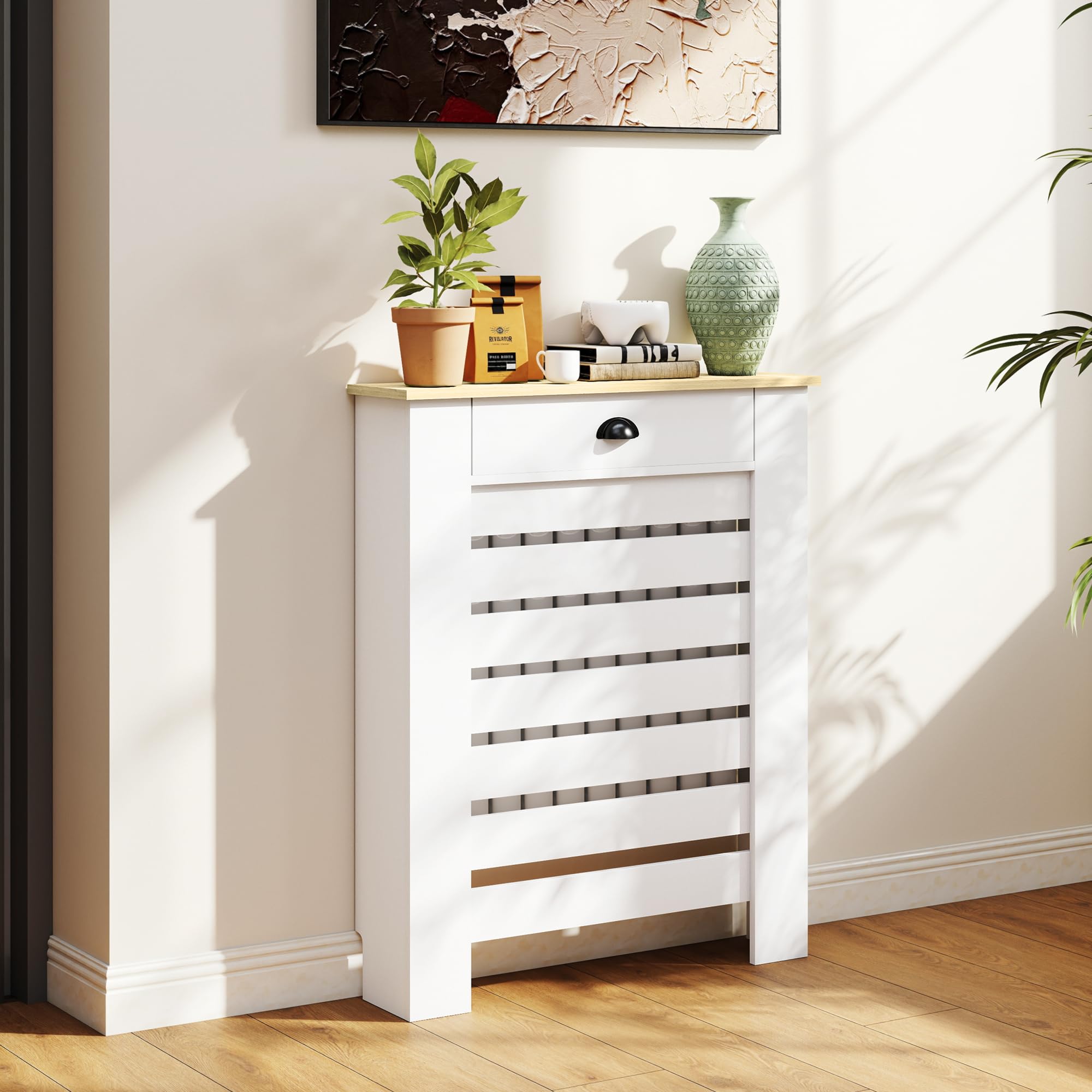 HOMCOM Cubre Radiadores con Cajón, Cubreradiador de MDF, 78x19x95,5 cm, Cubierta para Radiador, Diseño Moderno de Listones, para Salón, Dormitorio, Blanco