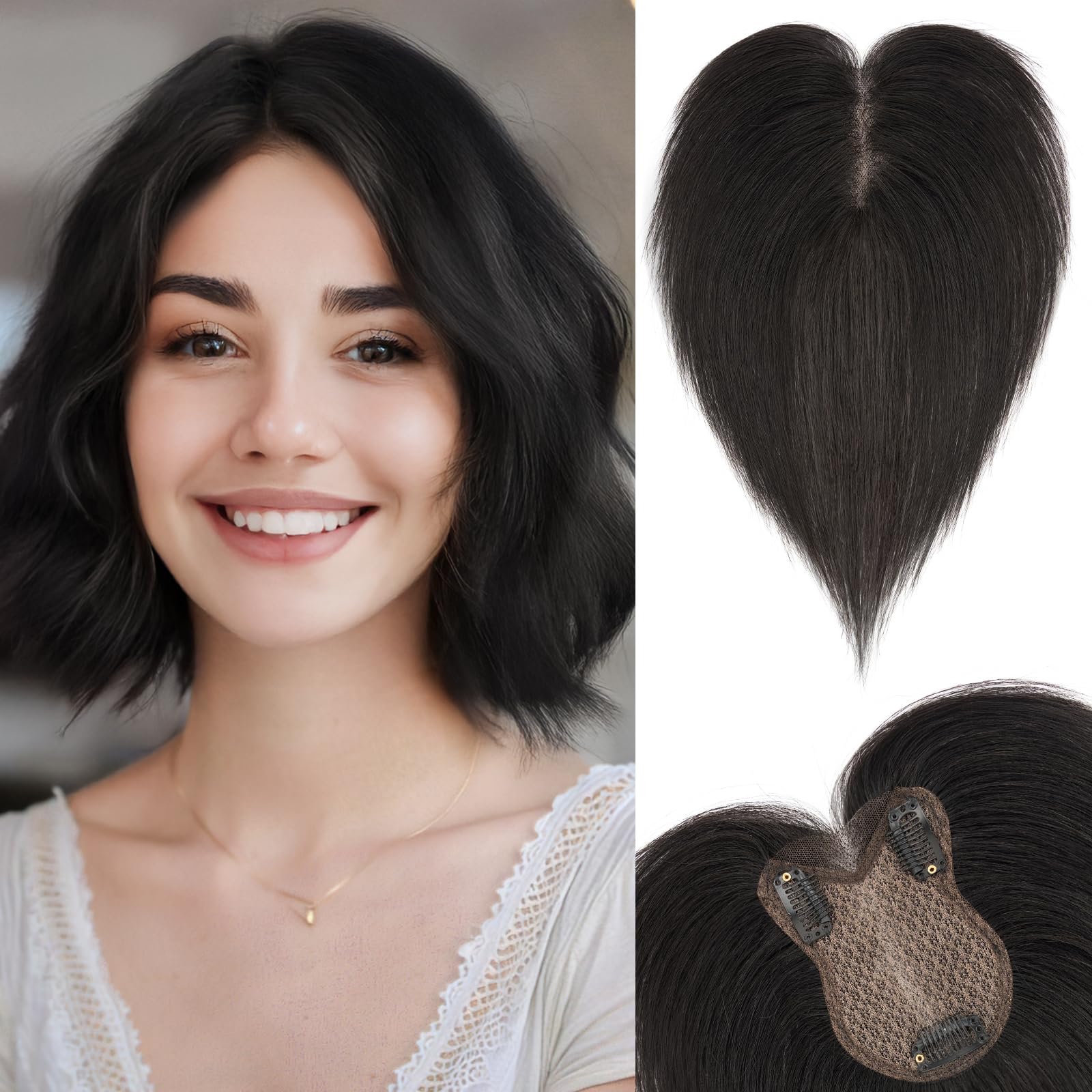 Echthaar Hair Topper für Frauen mit #C - 21g Handgebunden Basis Haar Topper Atmungsaktives Tüllnetz Spitze Basis 100% Echtes Haar Clip in Topper Natürliche Farbe