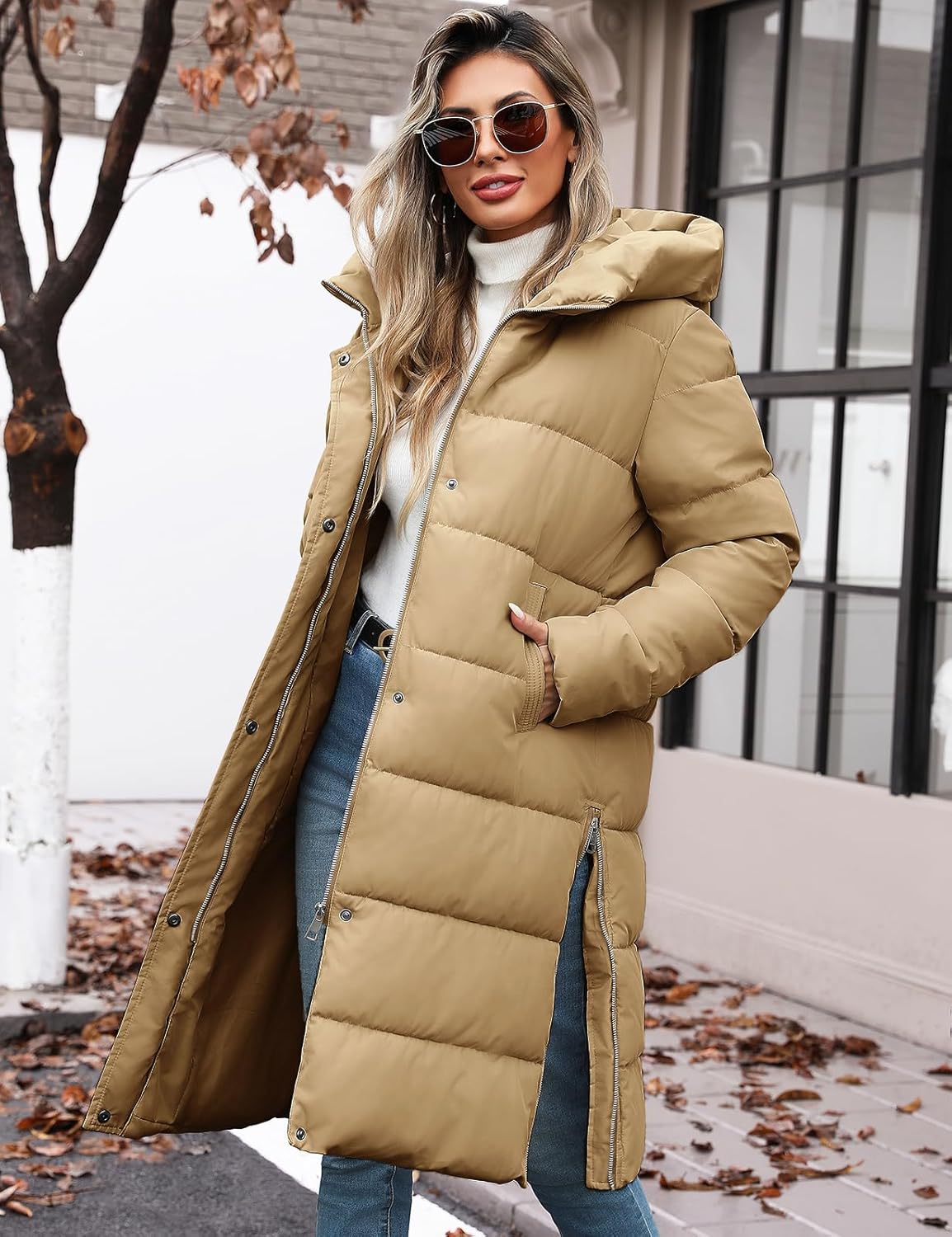 Jyanl Womens Winter Long Puffer Coat Thicken Ladies Quilted Jacket Puffy Padded Zip Hood Parka Side Zipper Trendy 2026 - Image 3