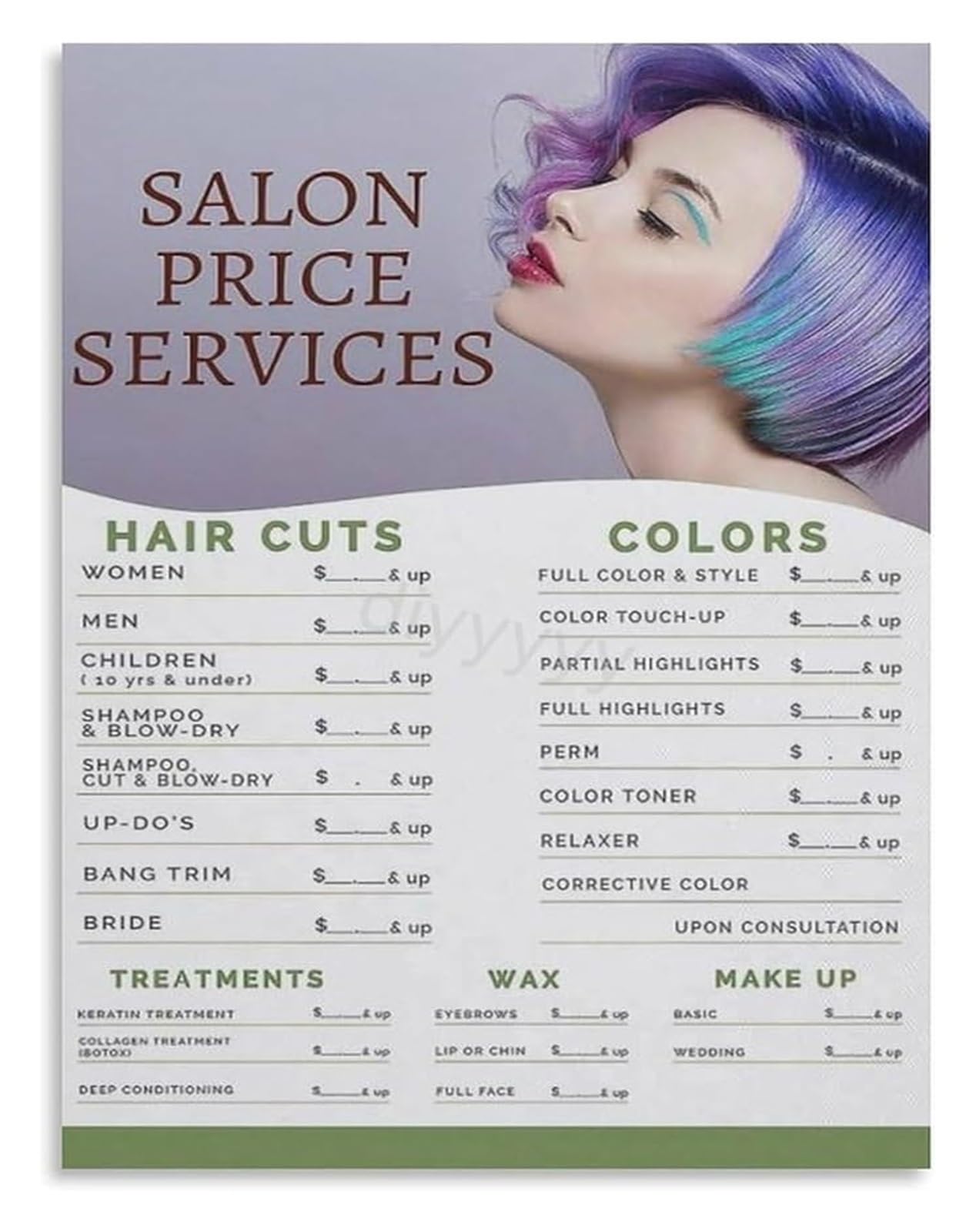 MQXFCZUX Professional Salon Pricing Chart Poster Service Menu Canvas Wall-Art for Decor Unframed,08x12inch(20x30cm)
