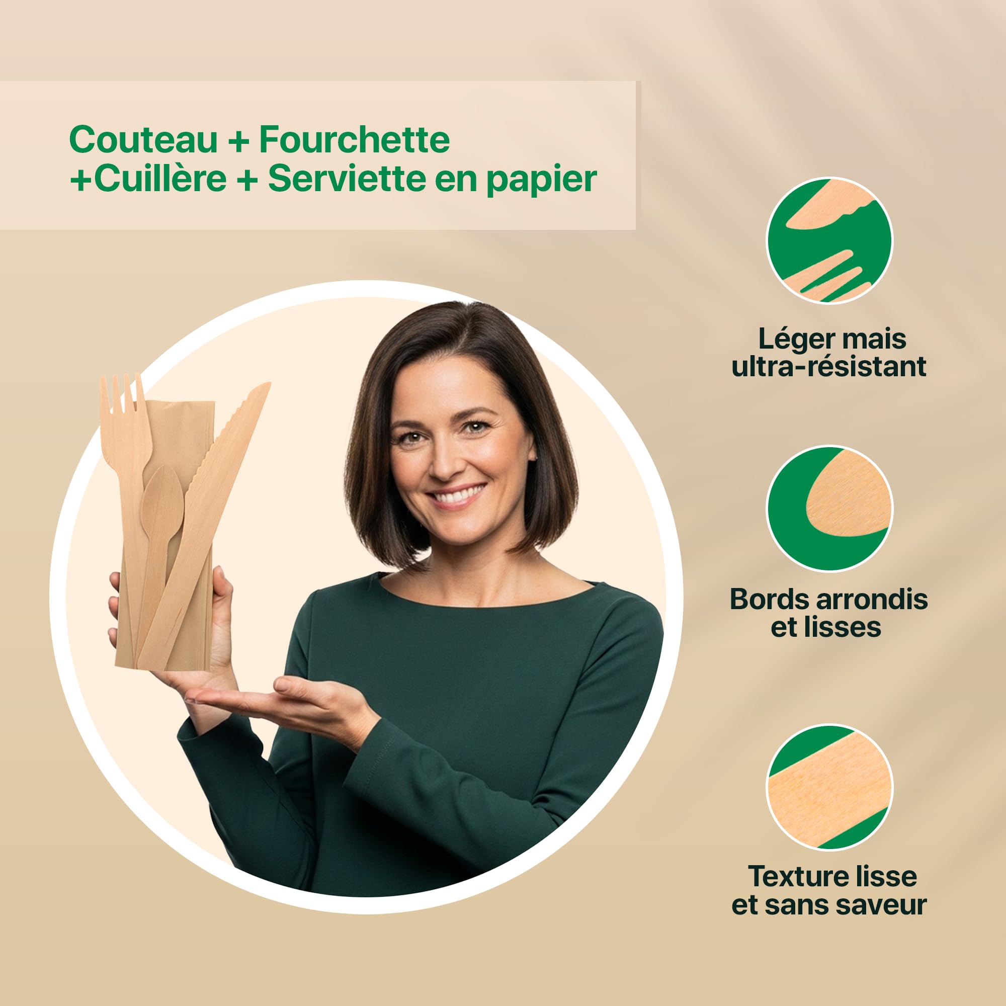 250 Kits Cubiertos Madera Desechables - Tenedor, Cuchillo, Cuchara, Toalla | Bolsa individual de papel; lista para distribuir; tenedor y cuchillo de 16,5 cm; cuchara 11 cm; servicio completo