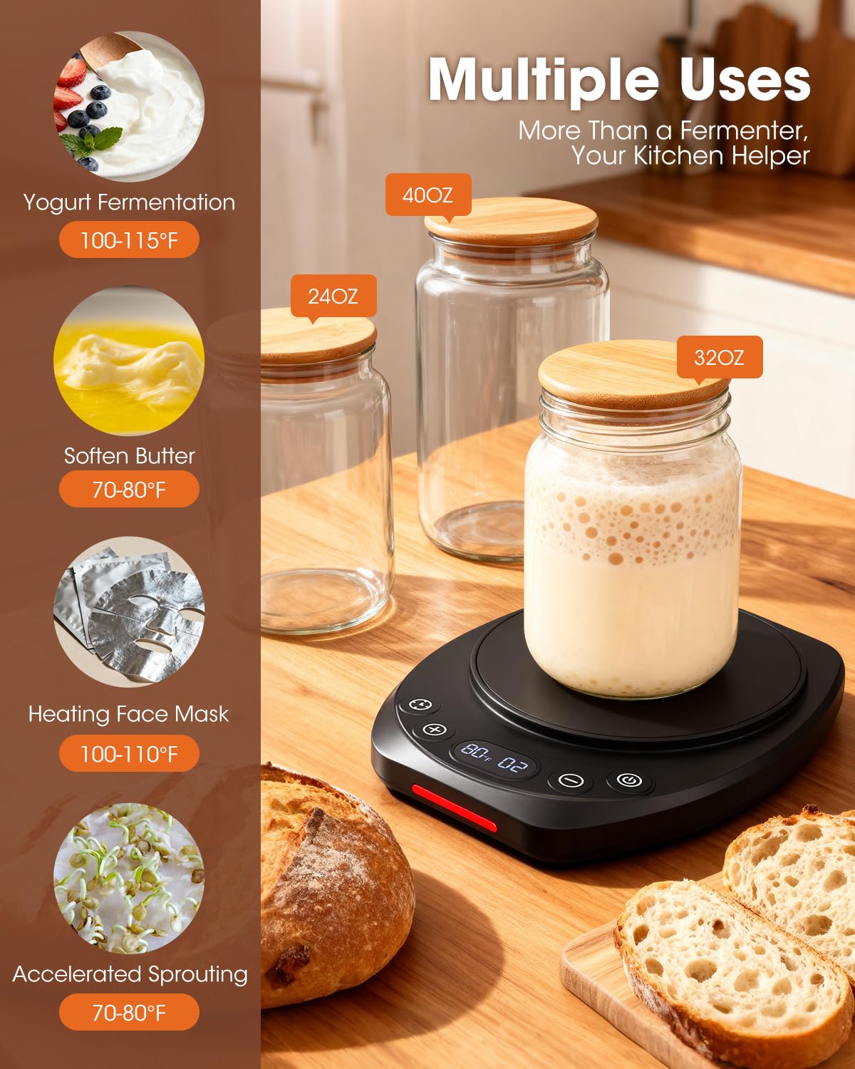 MQUPIN Chauffe-levain, outils de cuisson du pain 21-49 °C, contrôle précis de la température 1 °C, minuterie 24 heures, boîte de fermentation du levain, pour la fermentation de la pâtisserie