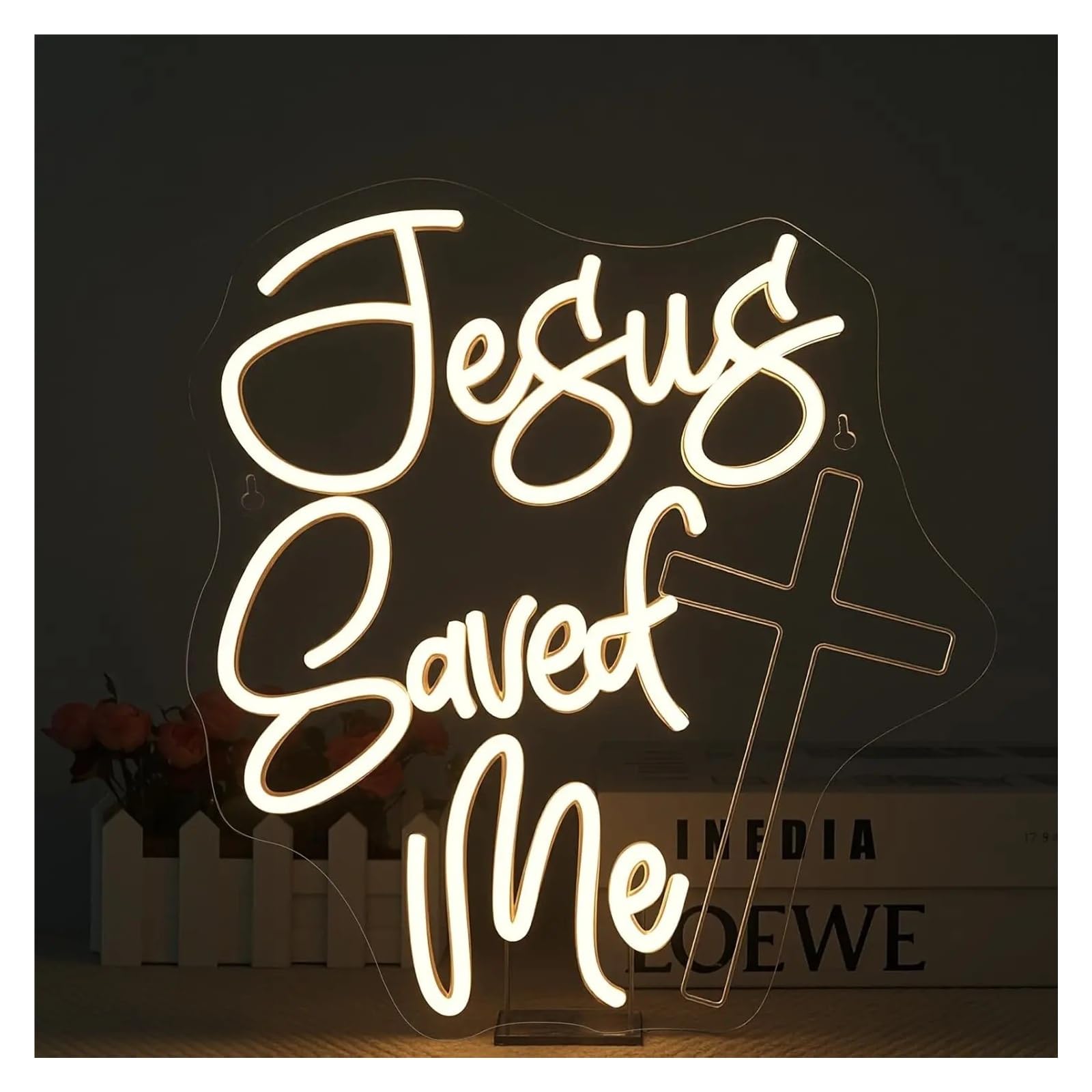 RONGCH Hanging Art Signs ﻿ Jesus Saved Me Neon Sign for Church Bedroom Bar Livingroom Birthday Party Wall Decor 45x42cm
