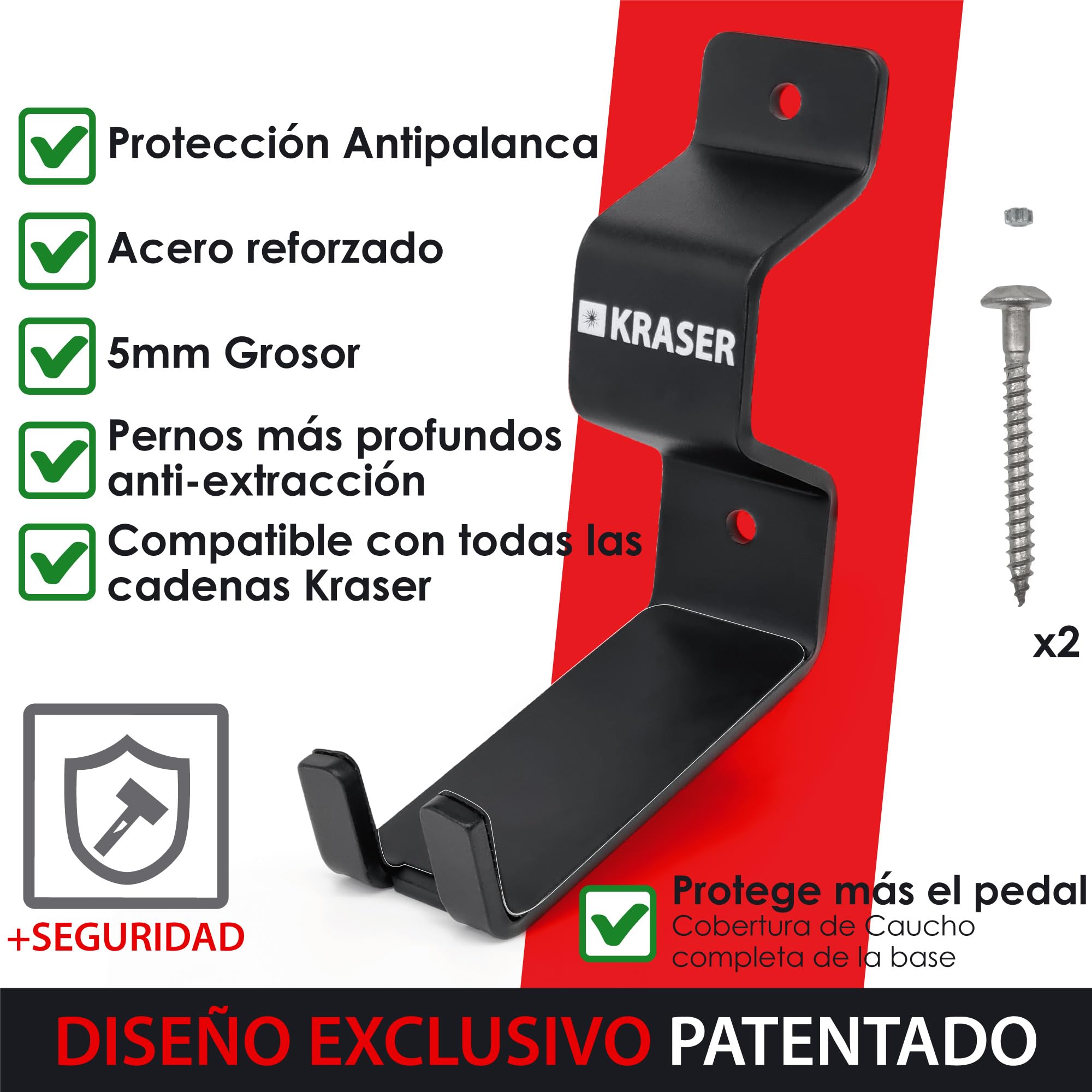 KRASER KR42P Soporte Bicicletas Pared con Anclaje Antirrobo 2en1 | Colgador Bicicleta por Pedal con Punto para Asegurar con Cadena | Doble Apoyo Rueda, Acero Reforzado 5mm | Compatible E-Bike MTB