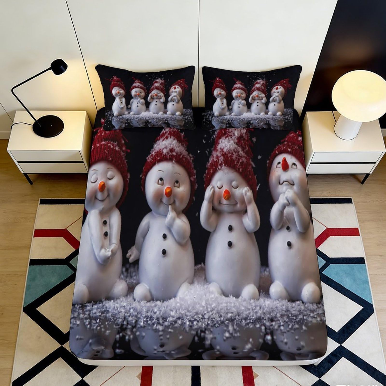 3D Printed Snowman Fitted Sheet Microfiber Non-Slip Deep Pocket Snowman Mattress Fitted Cover Washable for Bedroom 200x200x25cm