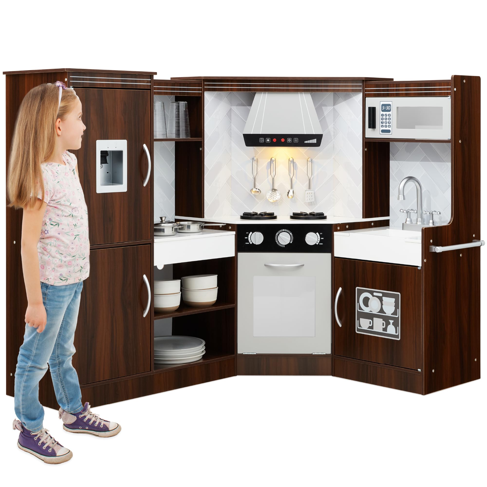 Best Choice Products Pretend Play Corner Kitchen, Ultimate Interactive Wooden Toy Set for Kids w/Lights & Sounds, Ice Maker, Hood, Utensils, Oven, Microwave, Sink - Espresso